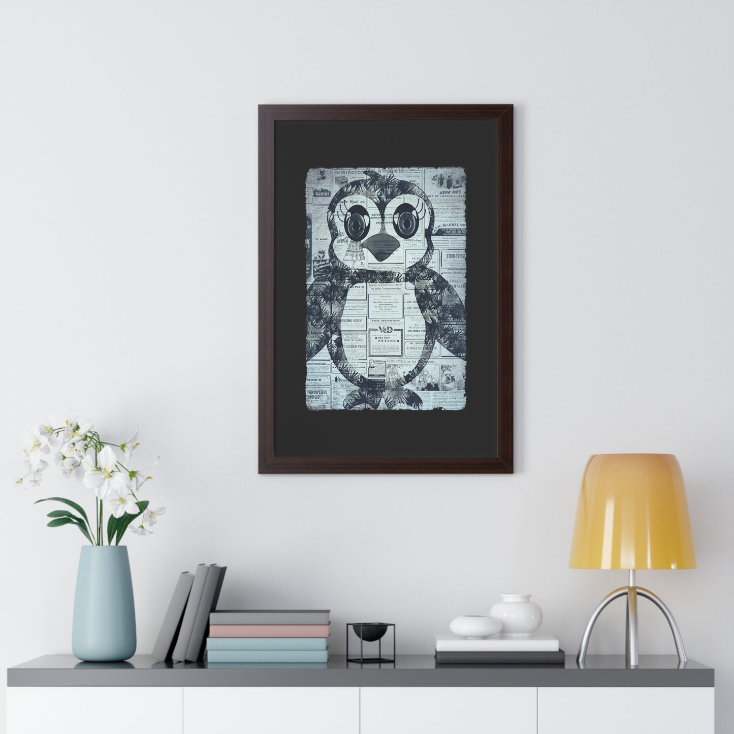 The Penguinie Newspaper Art Black & White Framed Vertical Poster