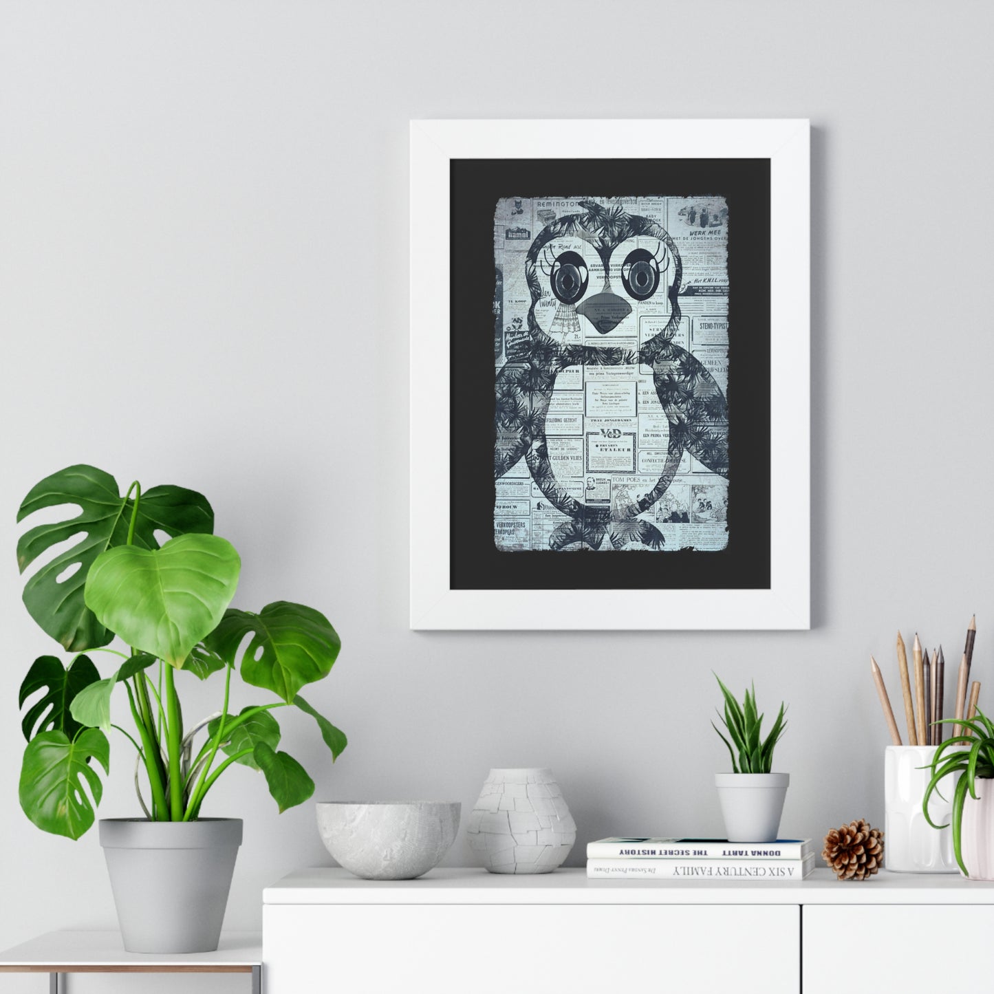 The Penguinie Newspaper Art Black & White Framed Vertical Poster