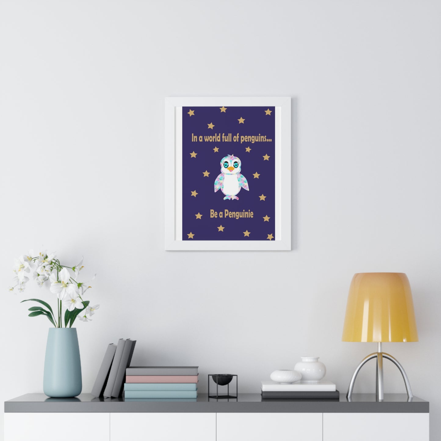 In a world full of penguins.... Be a Penguinie! Midnight Art Framed Vertical Poster