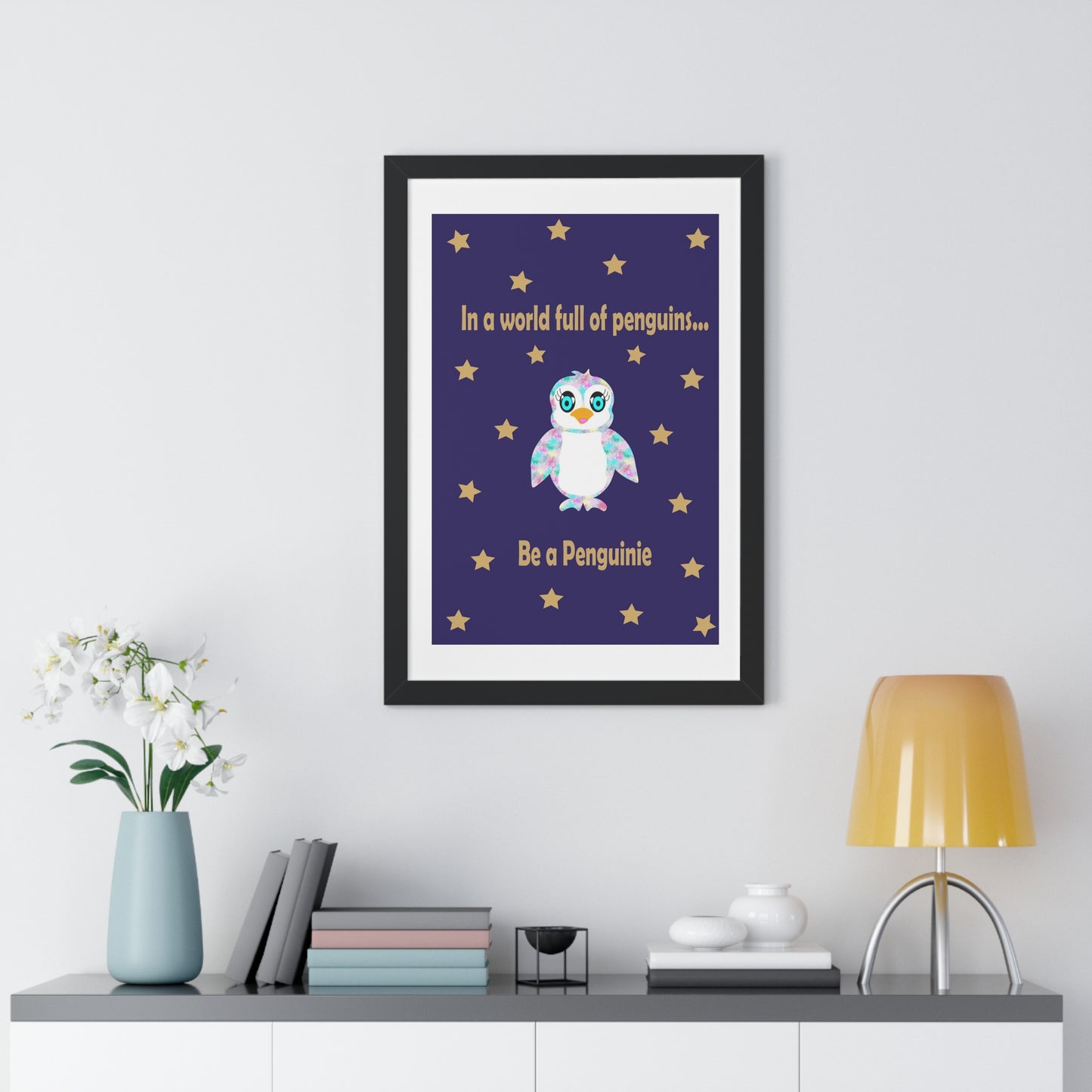 In a world full of penguins.... Be a Penguinie! Midnight Art Framed Vertical Poster