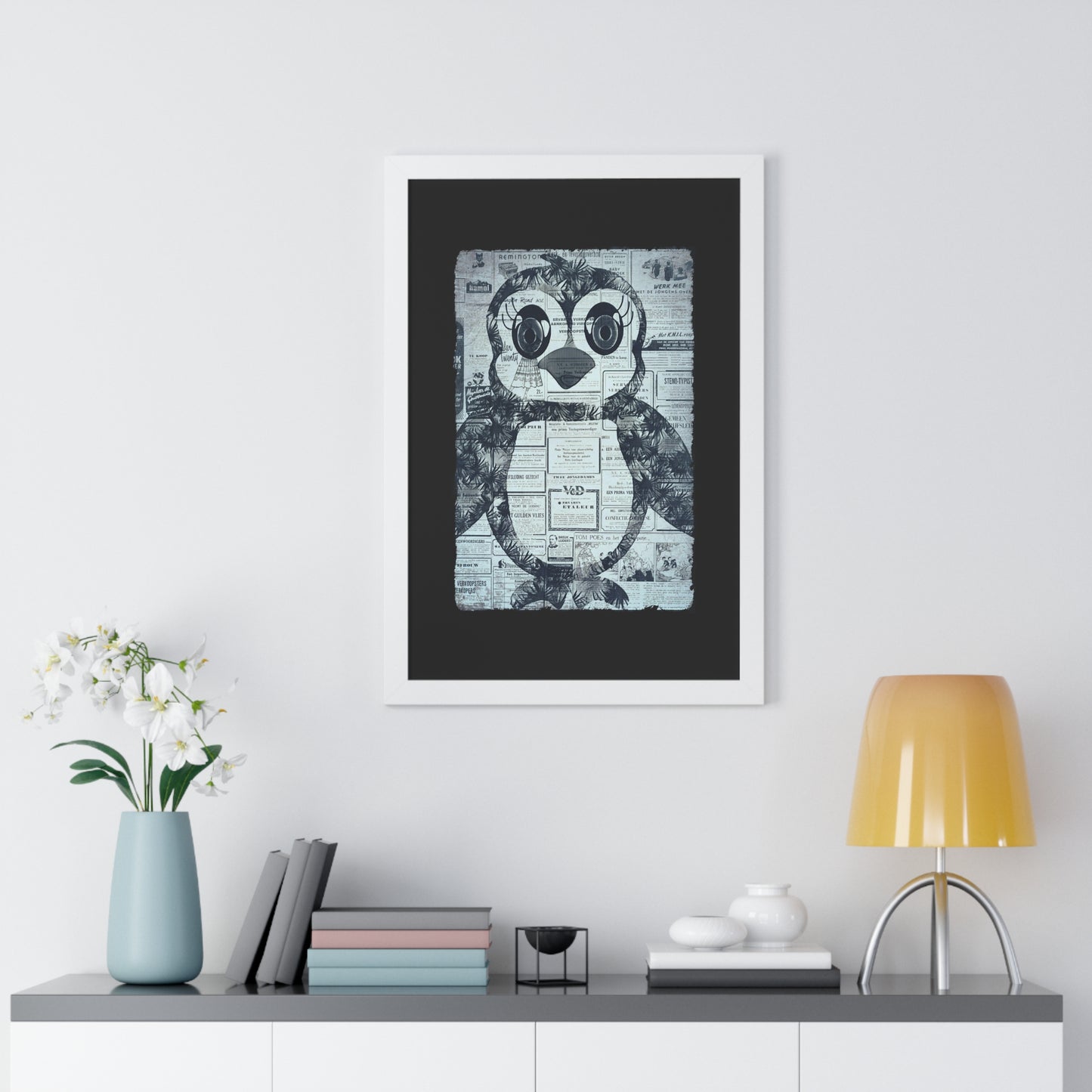 The Penguinie Newspaper Art Black & White Framed Vertical Poster