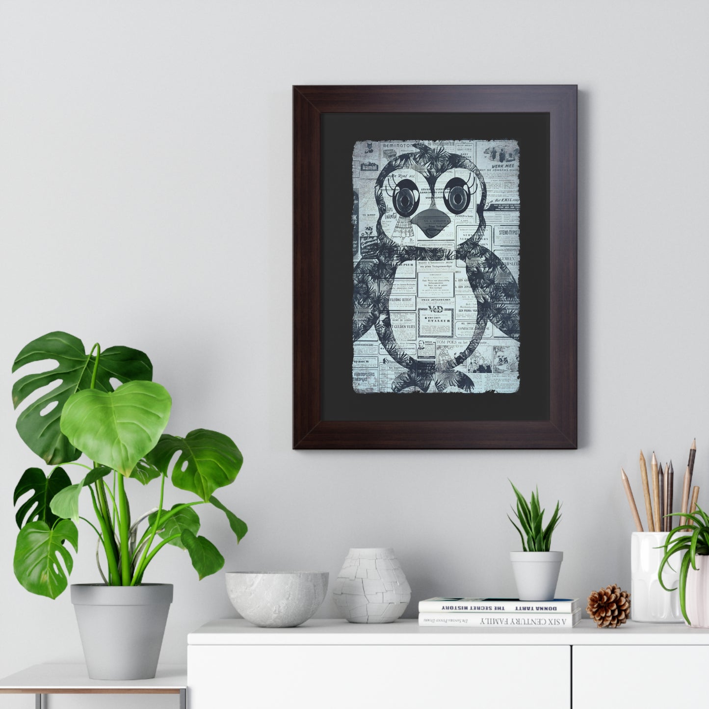 The Penguinie Newspaper Art Black & White Framed Vertical Poster