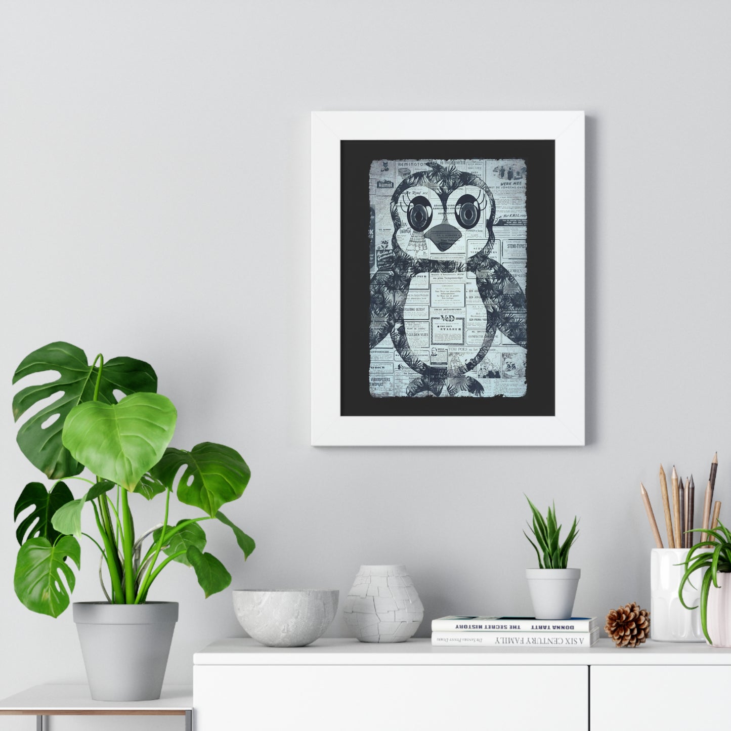 The Penguinie Newspaper Art Black & White Framed Vertical Poster