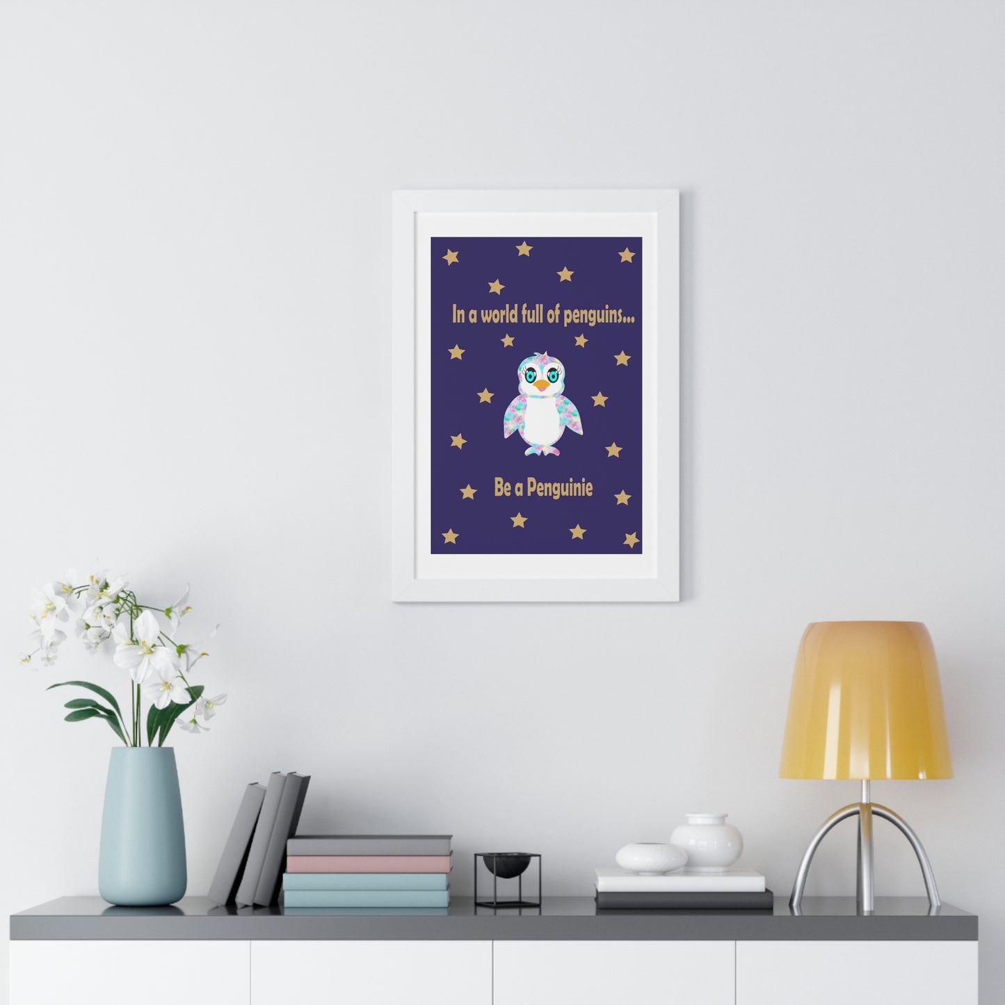 In a world full of penguins.... Be a Penguinie! Midnight Art Framed Vertical Poster