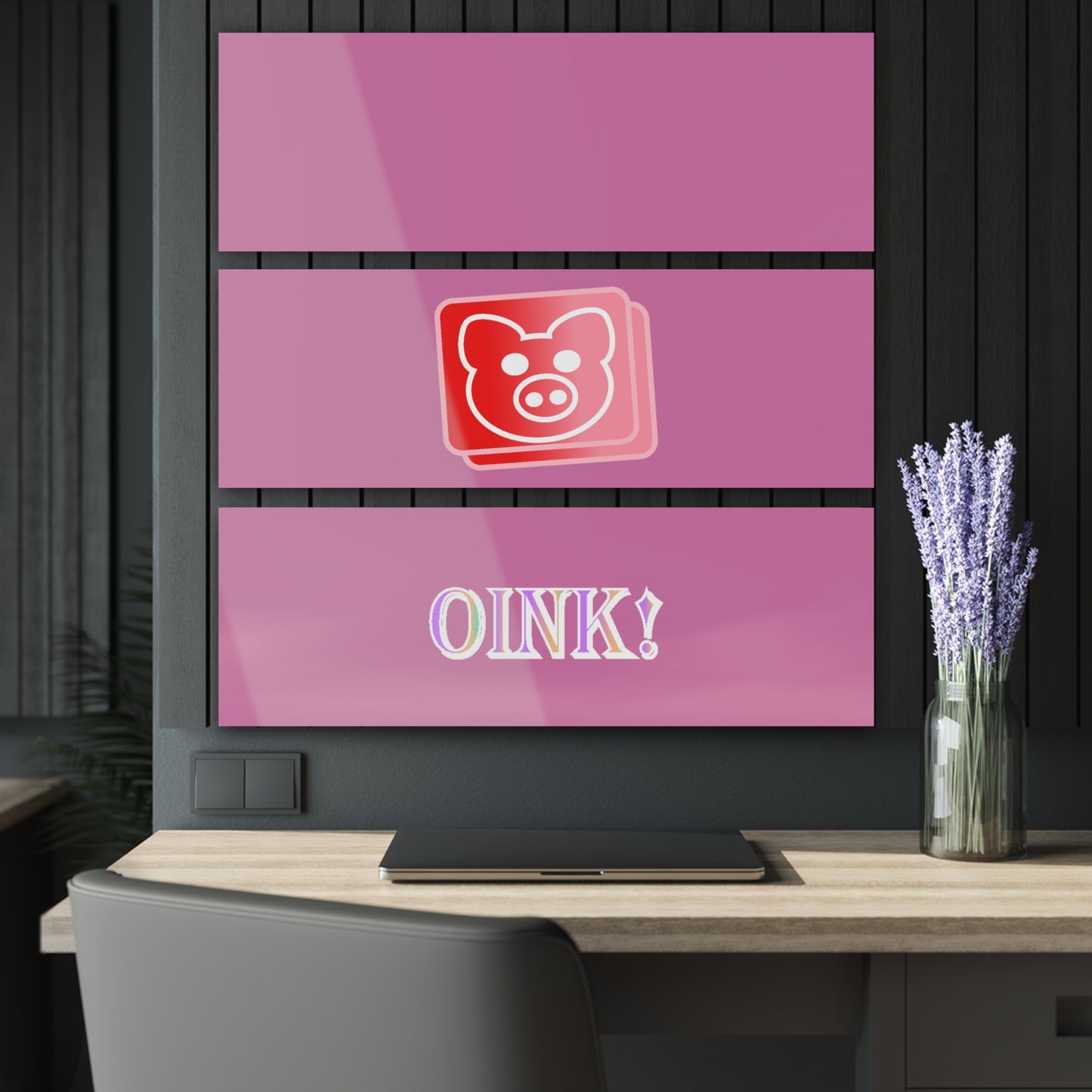 Red Pig Button Digital Art, Oink! Pink Acrylic Prints (Triptych)