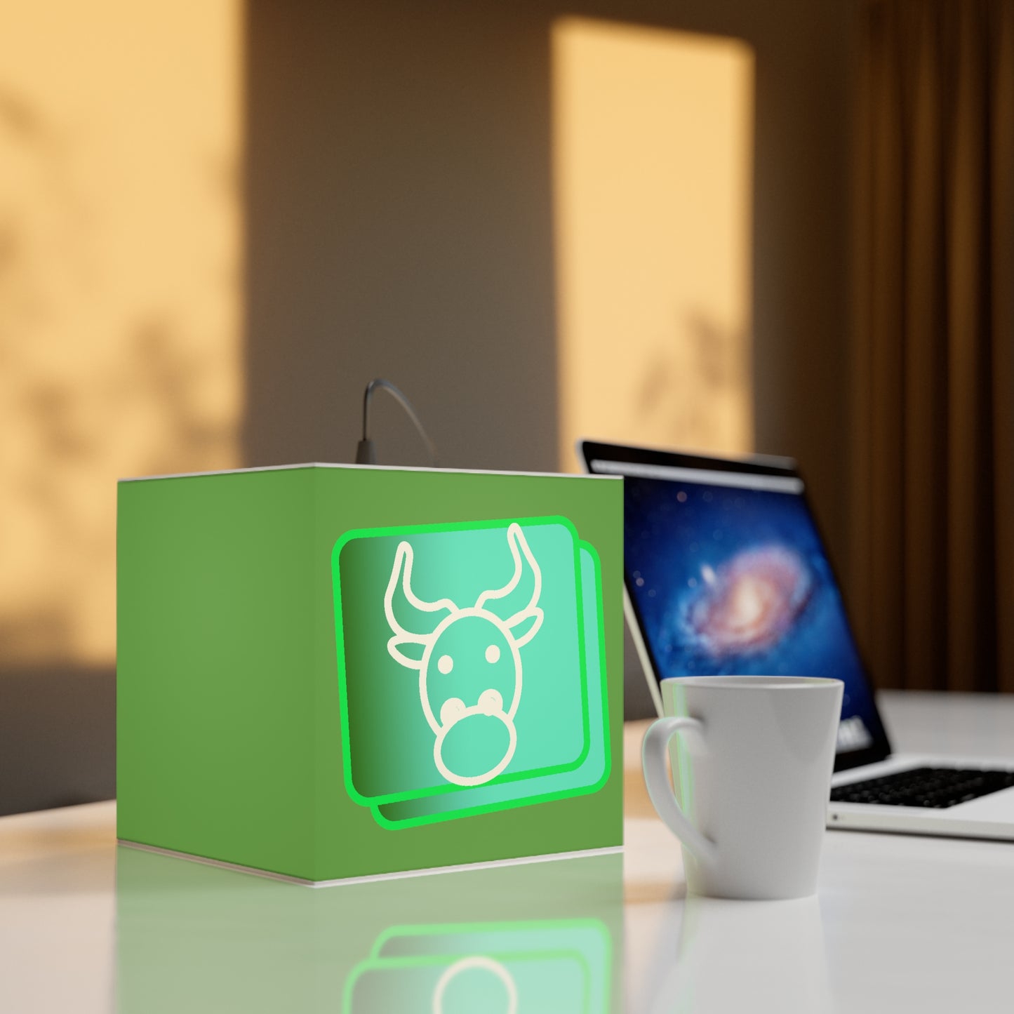 Green Bull Button Digital Art, Green Light Cube Lamp