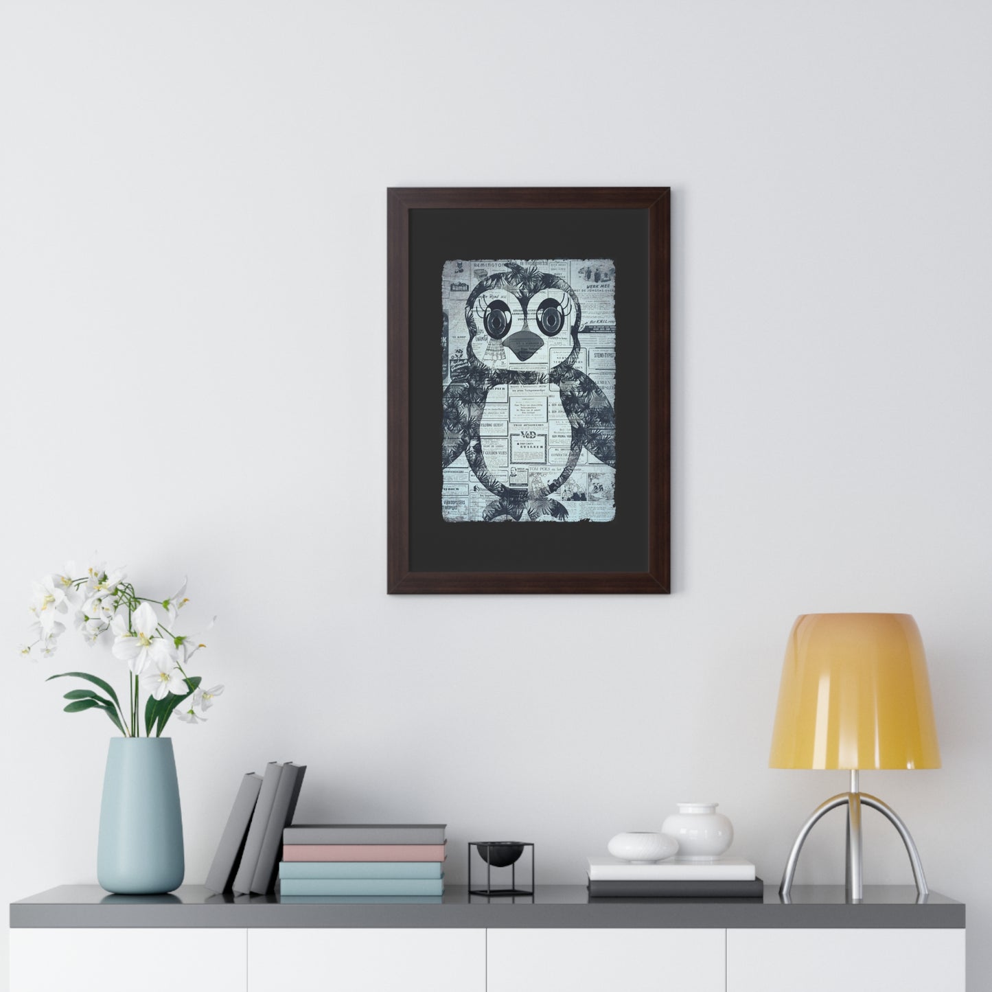The Penguinie Newspaper Art Black & White Framed Vertical Poster