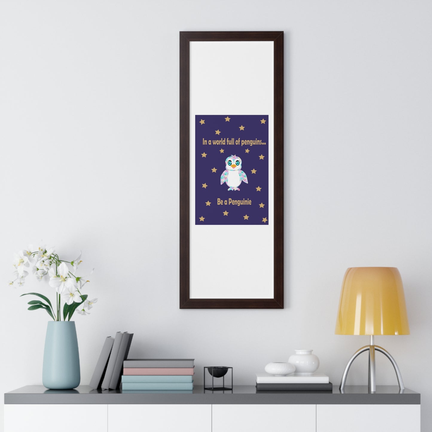 In a world full of penguins.... Be a Penguinie! Midnight Art Framed Vertical Poster