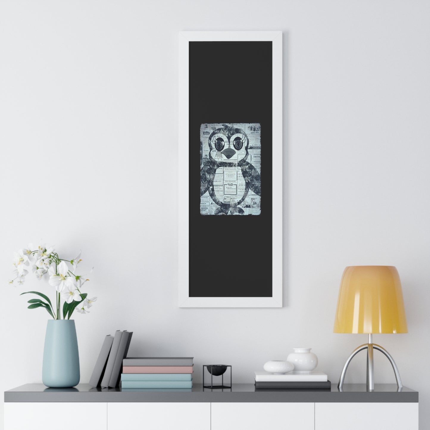 The Penguinie Newspaper Art Black & White Framed Vertical Poster
