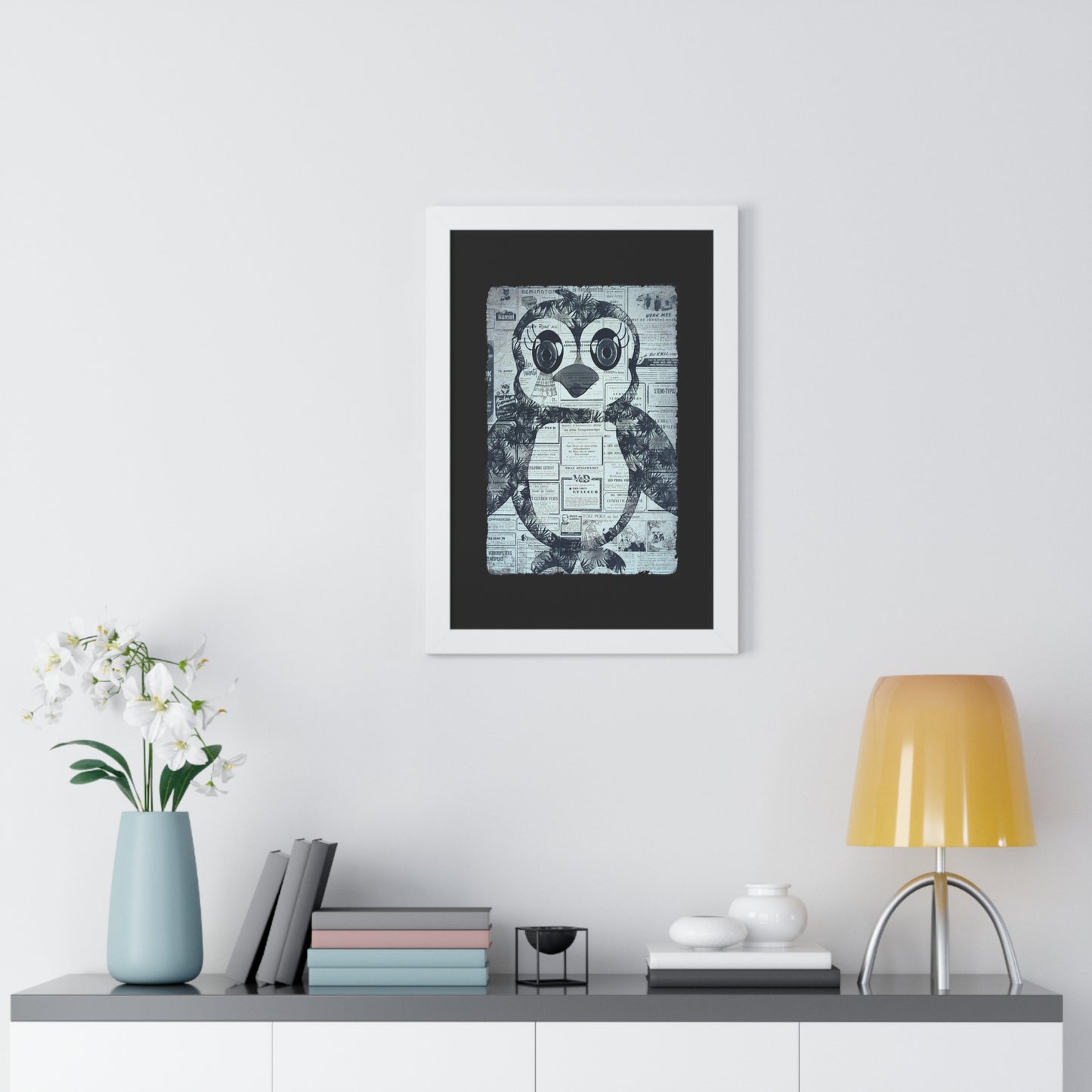 The Penguinie Newspaper Art Black & White Framed Vertical Poster