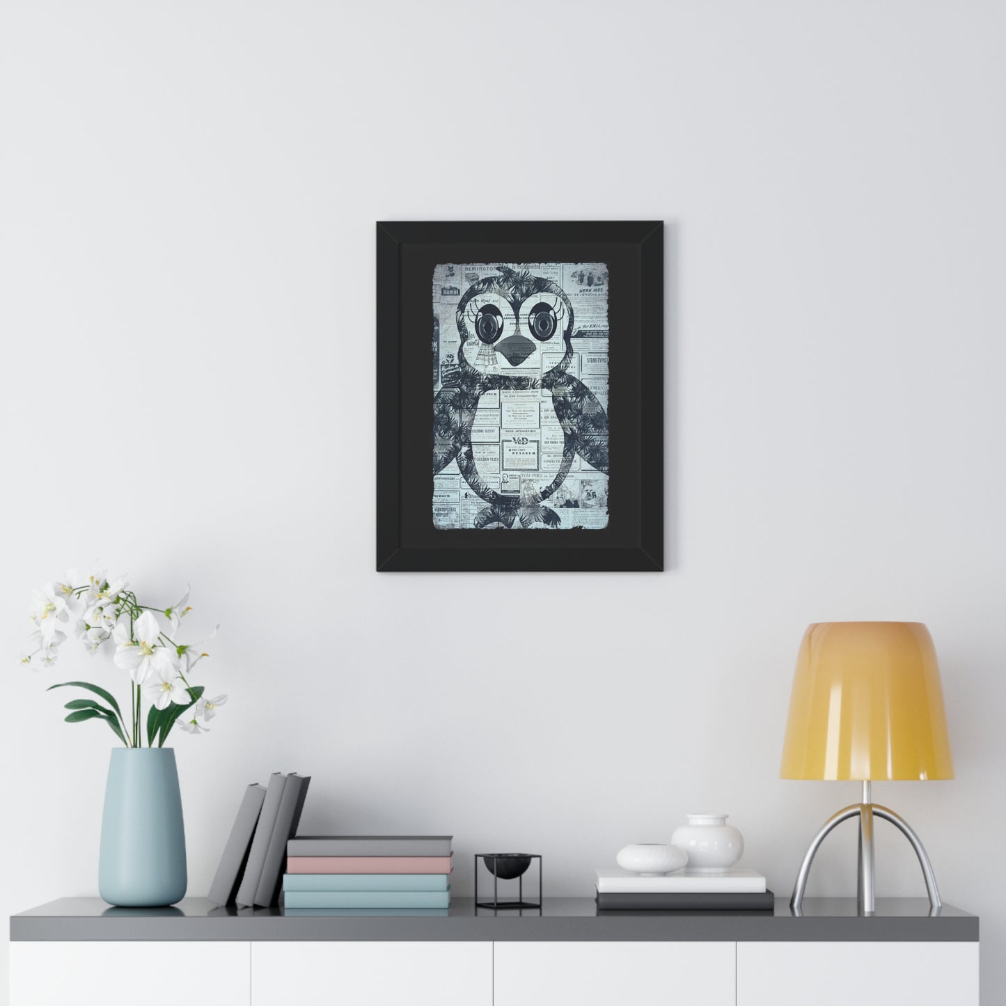 The Penguinie Newspaper Art Black & White Framed Vertical Poster