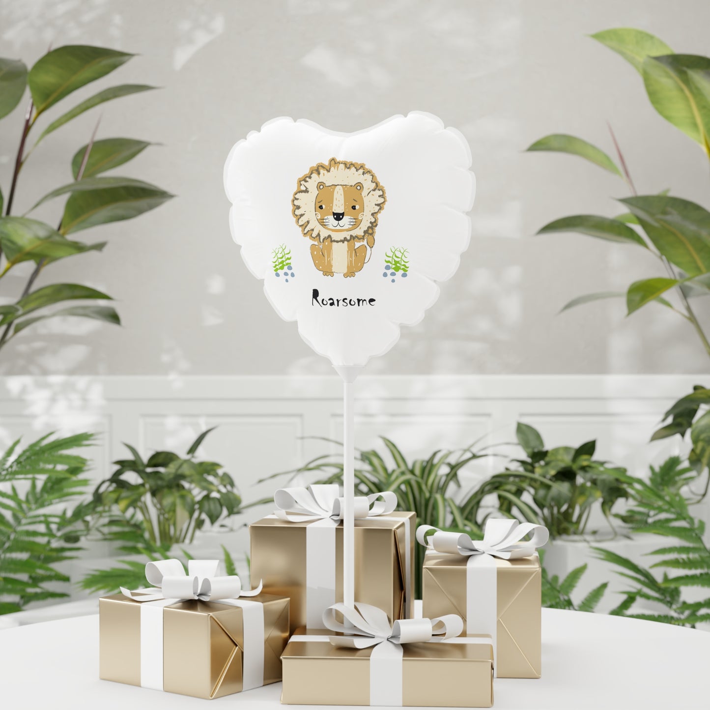 Lion Roarsome Illustration White Balloon, Black Writing (Round and Heart-shaped), 11"