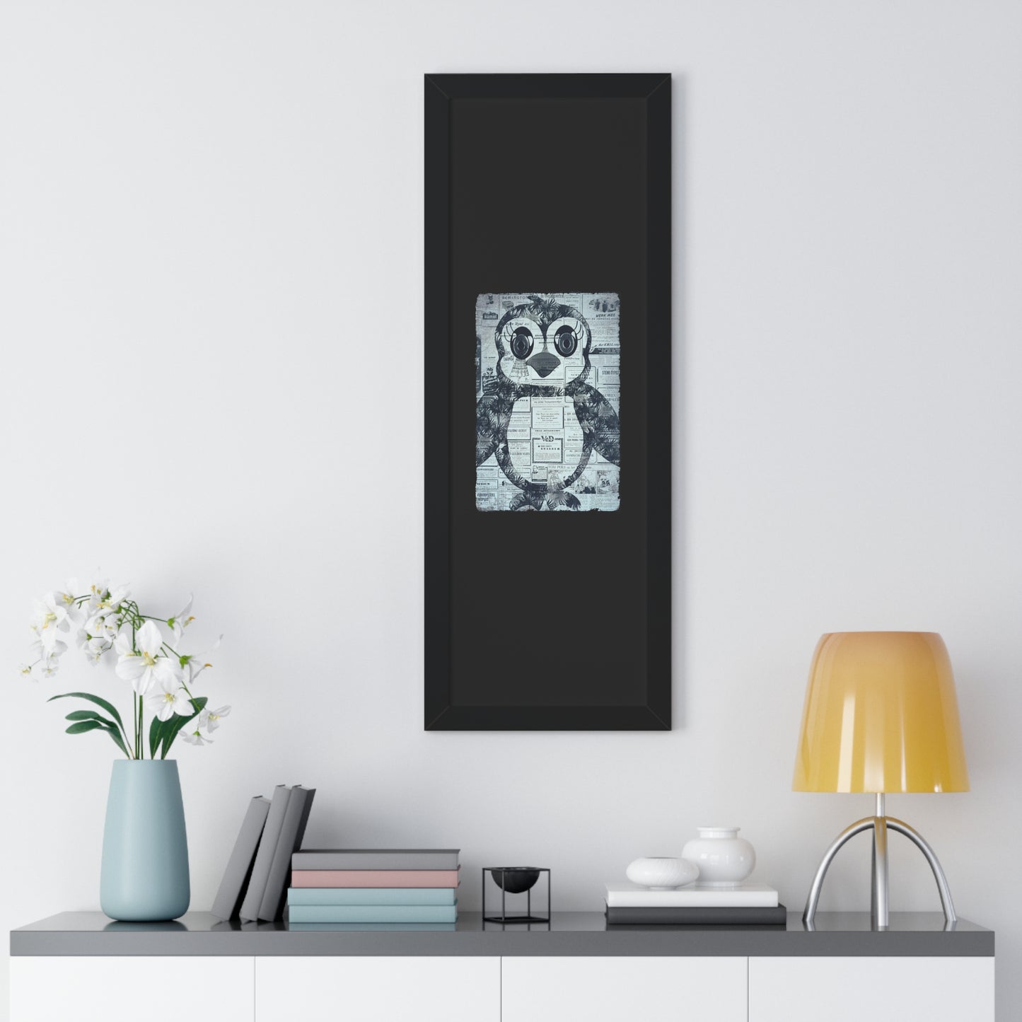 The Penguinie Newspaper Art Black & White Framed Vertical Poster