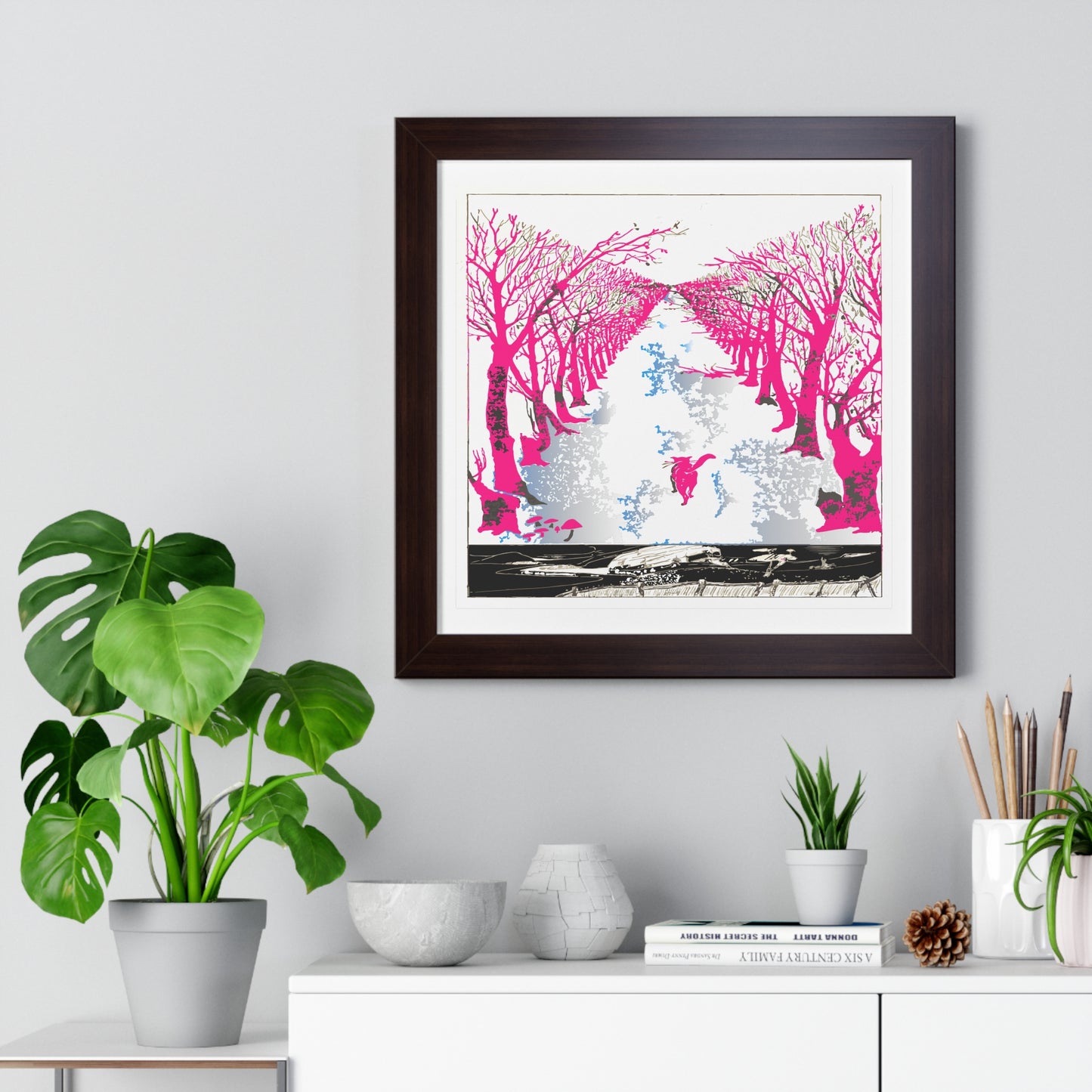 Pink Cat in the Woods Art Work Framed Vertical Poster
