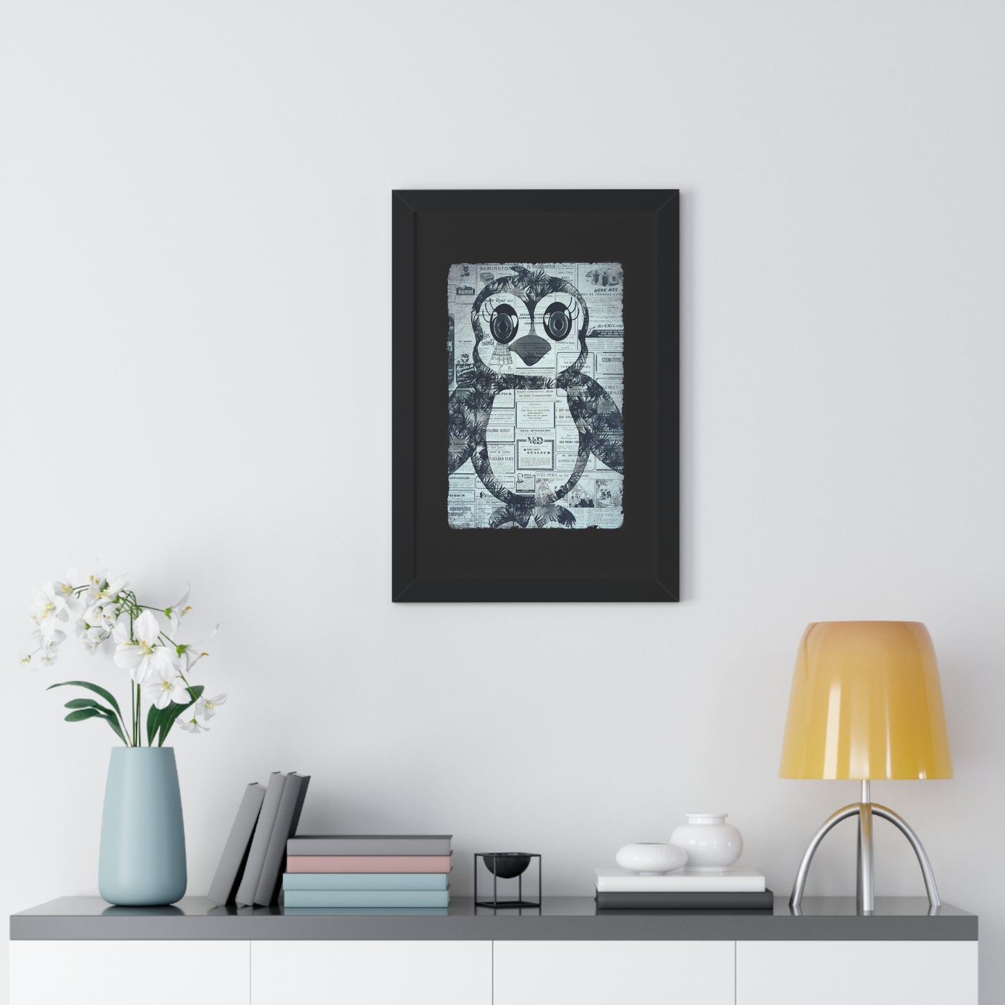 The Penguinie Newspaper Art Black & White Framed Vertical Poster