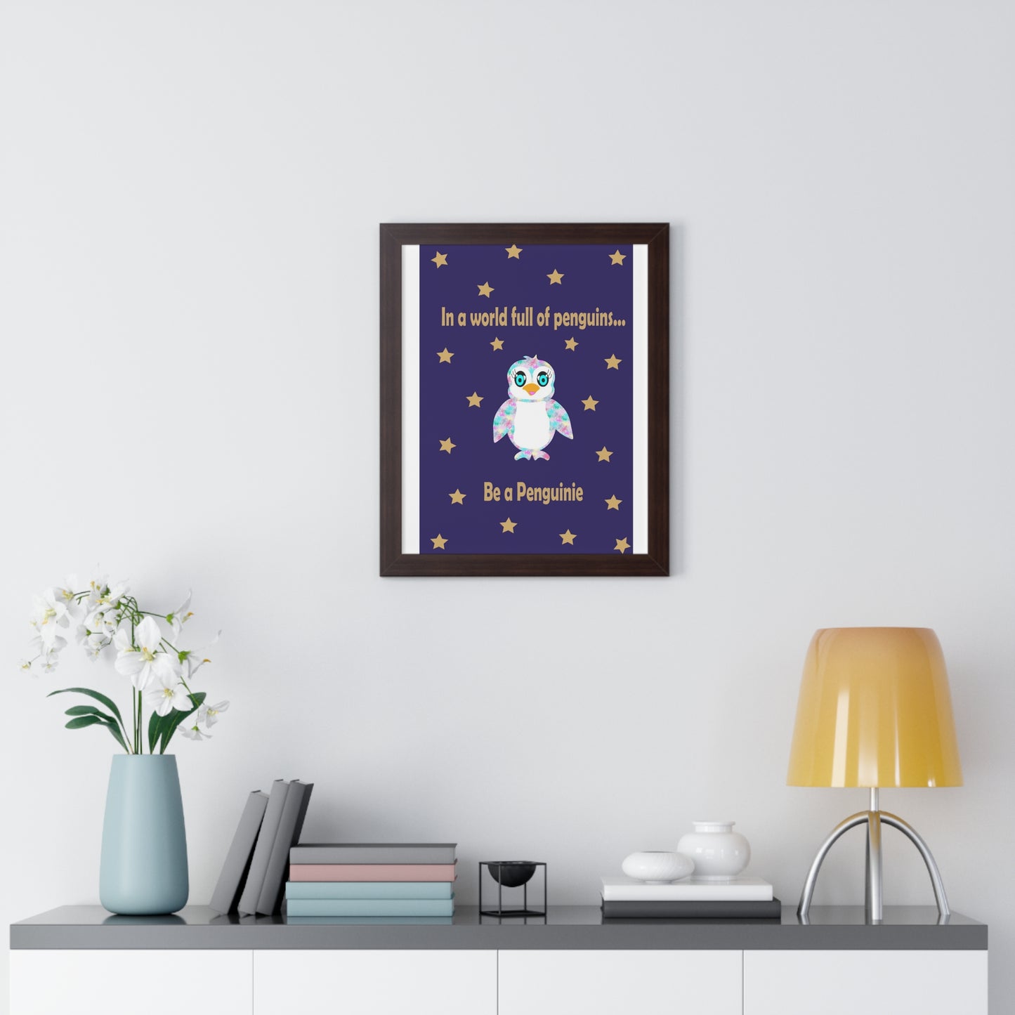 In a world full of penguins.... Be a Penguinie! Midnight Art Framed Vertical Poster