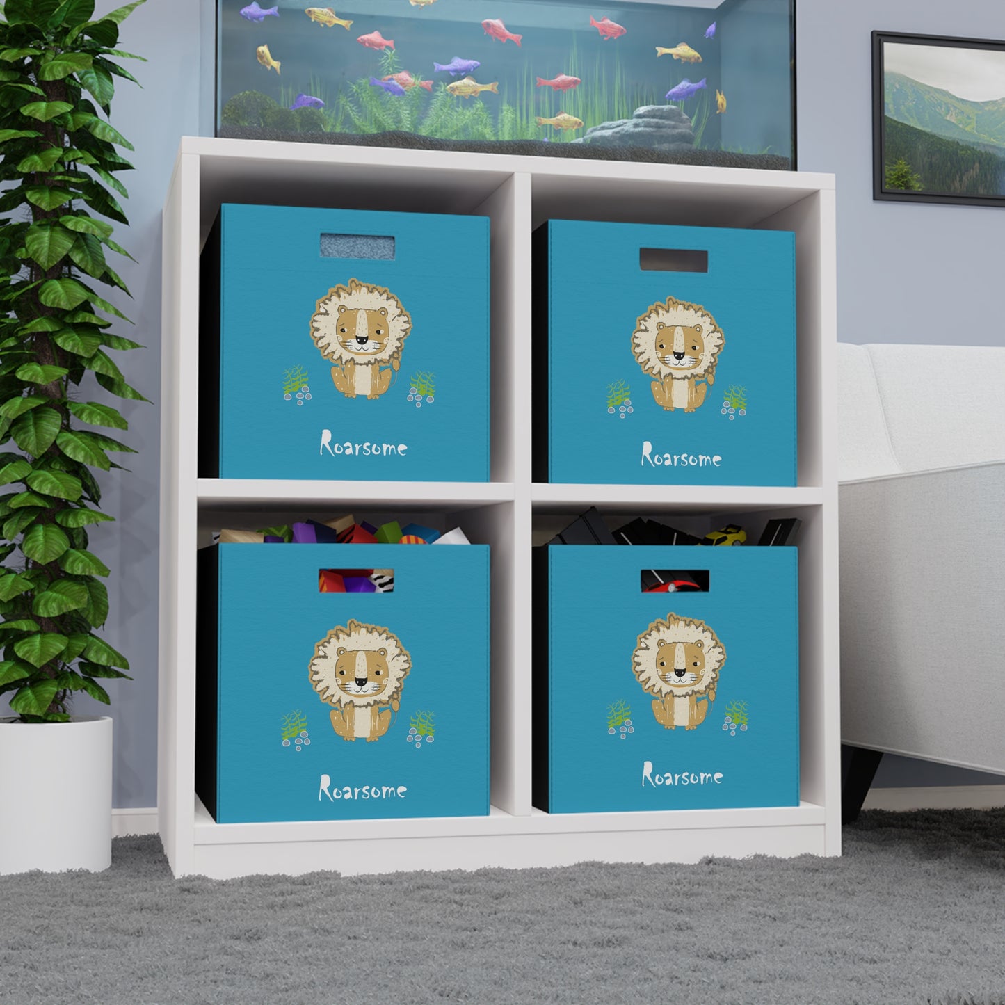 Lion Roarsome Illustration Turquoise, White text Felt Storage Box