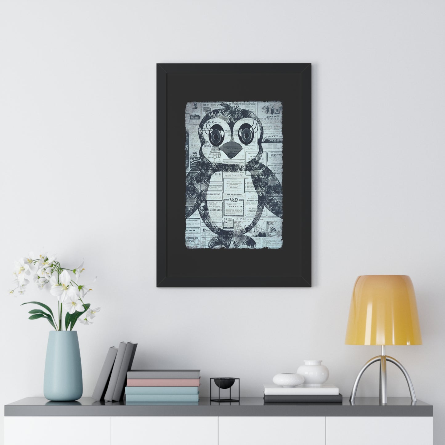 The Penguinie Newspaper Art Black & White Framed Vertical Poster