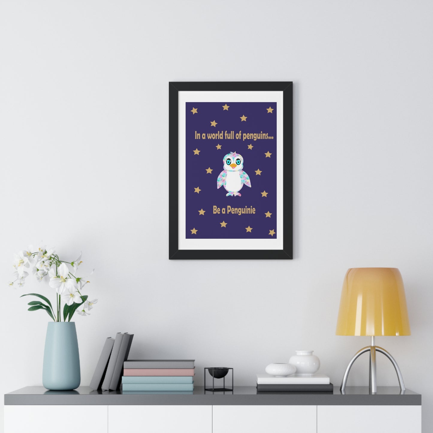 In a world full of penguins.... Be a Penguinie! Midnight Art Framed Vertical Poster