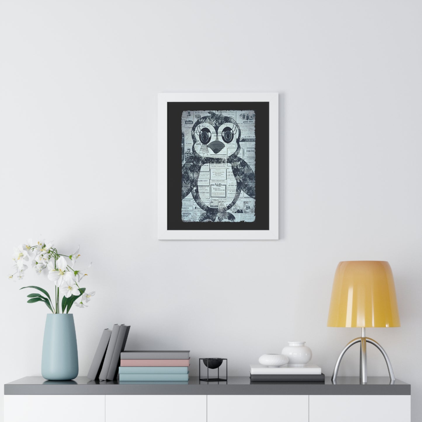 The Penguinie Newspaper Art Black & White Framed Vertical Poster