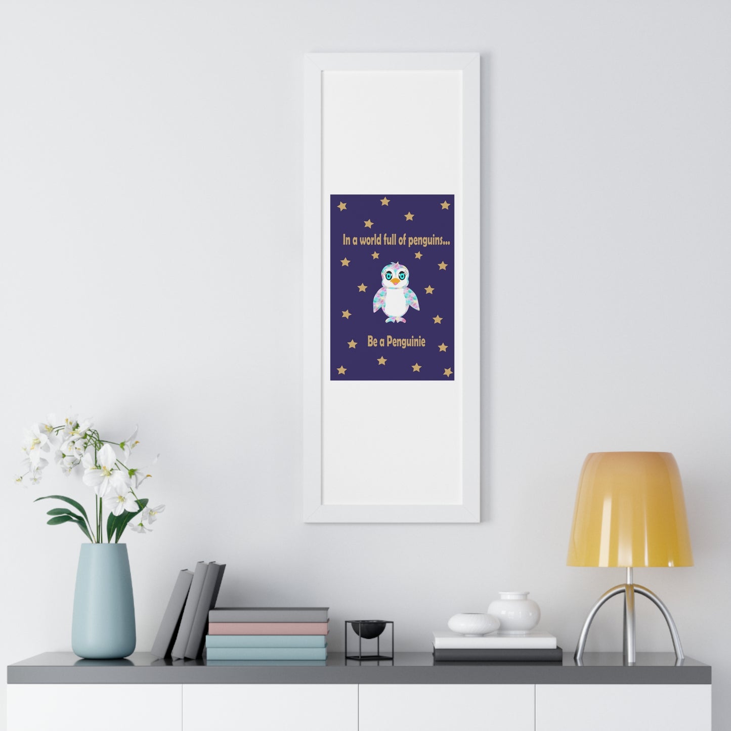 In a world full of penguins.... Be a Penguinie! Midnight Art Framed Vertical Poster