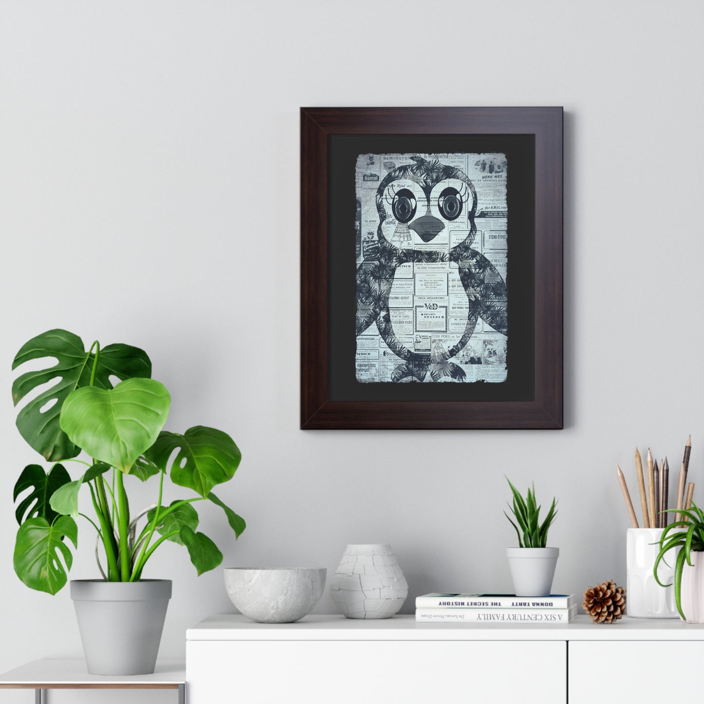 The Penguinie Newspaper Art Black & White Framed Vertical Poster