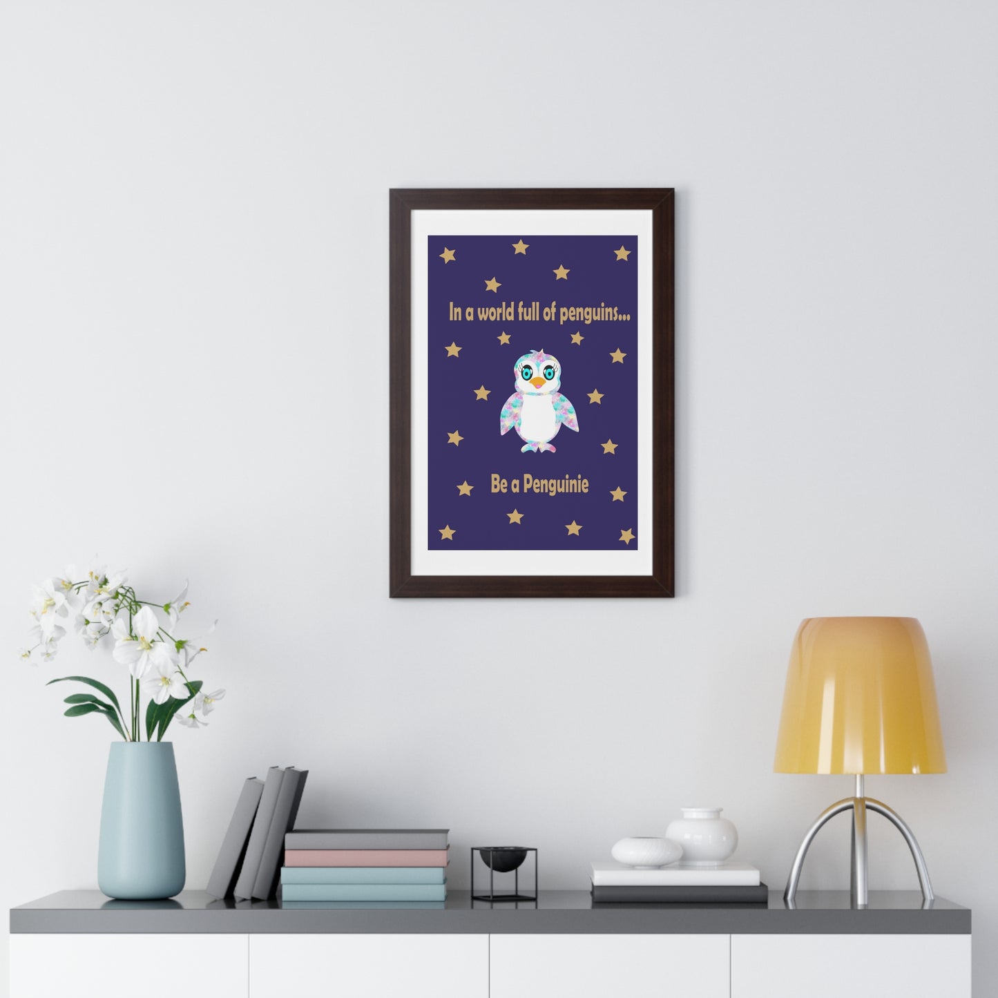 In a world full of penguins.... Be a Penguinie! Midnight Art Framed Vertical Poster
