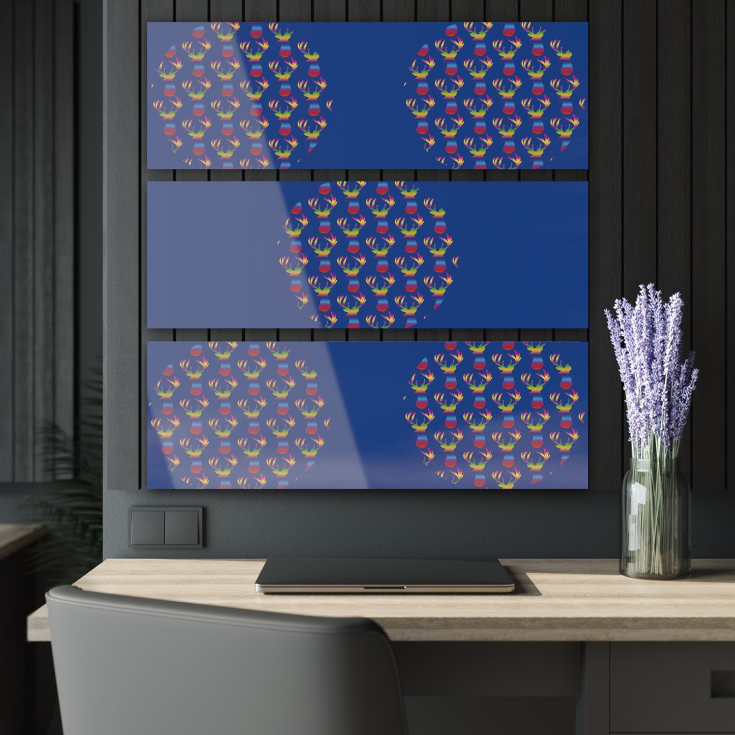 Rainbow Stag Heads Circle Patterns, Acrylic Prints (Triptych)
