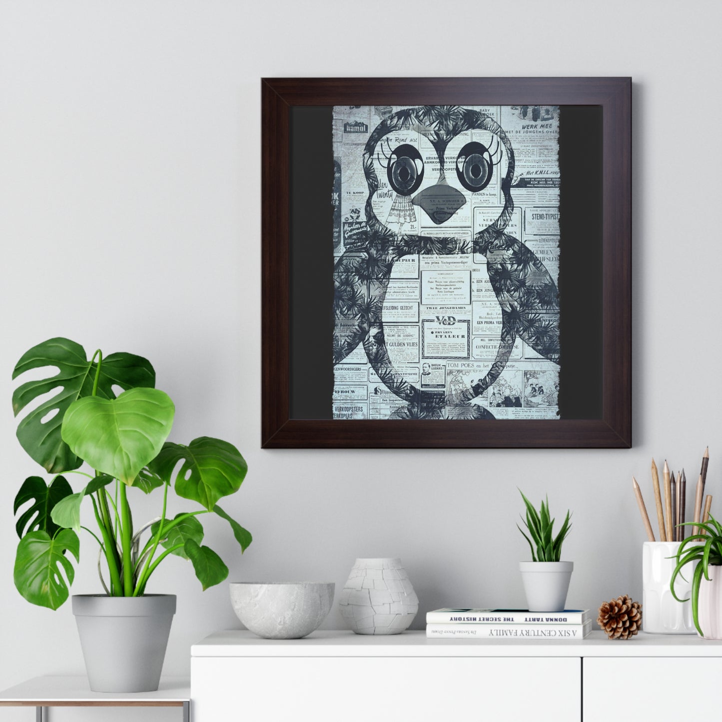The Penguinie Newspaper Art Black & White Framed Vertical Poster