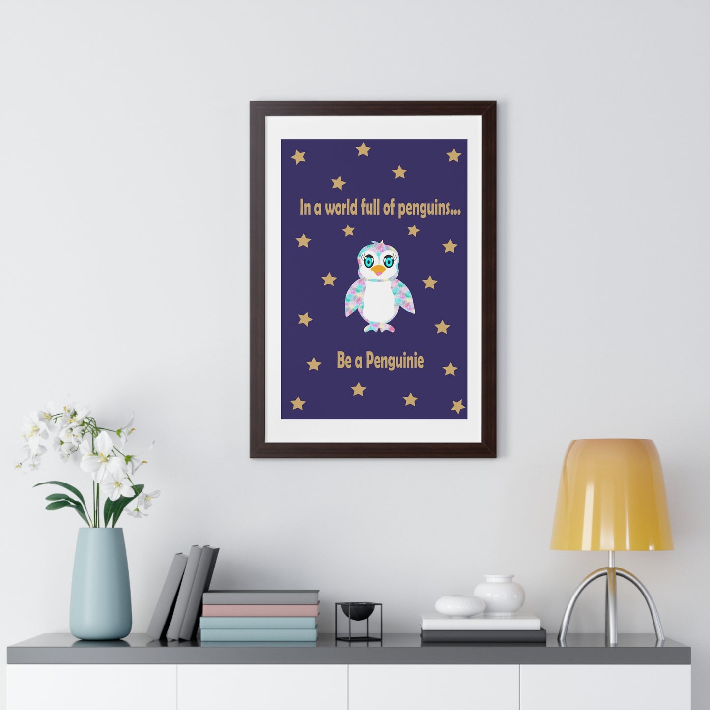 In a world full of penguins.... Be a Penguinie! Midnight Art Framed Vertical Poster