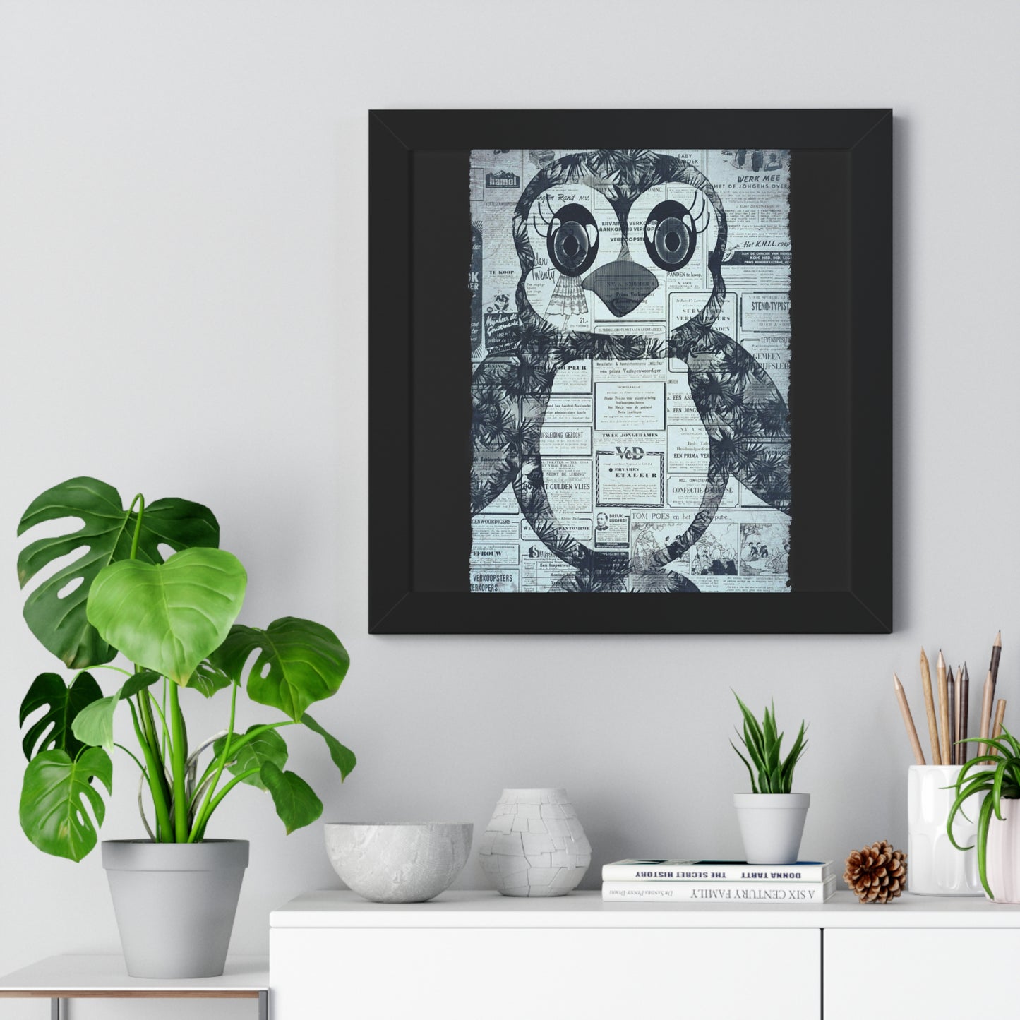The Penguinie Newspaper Art Black & White Framed Vertical Poster