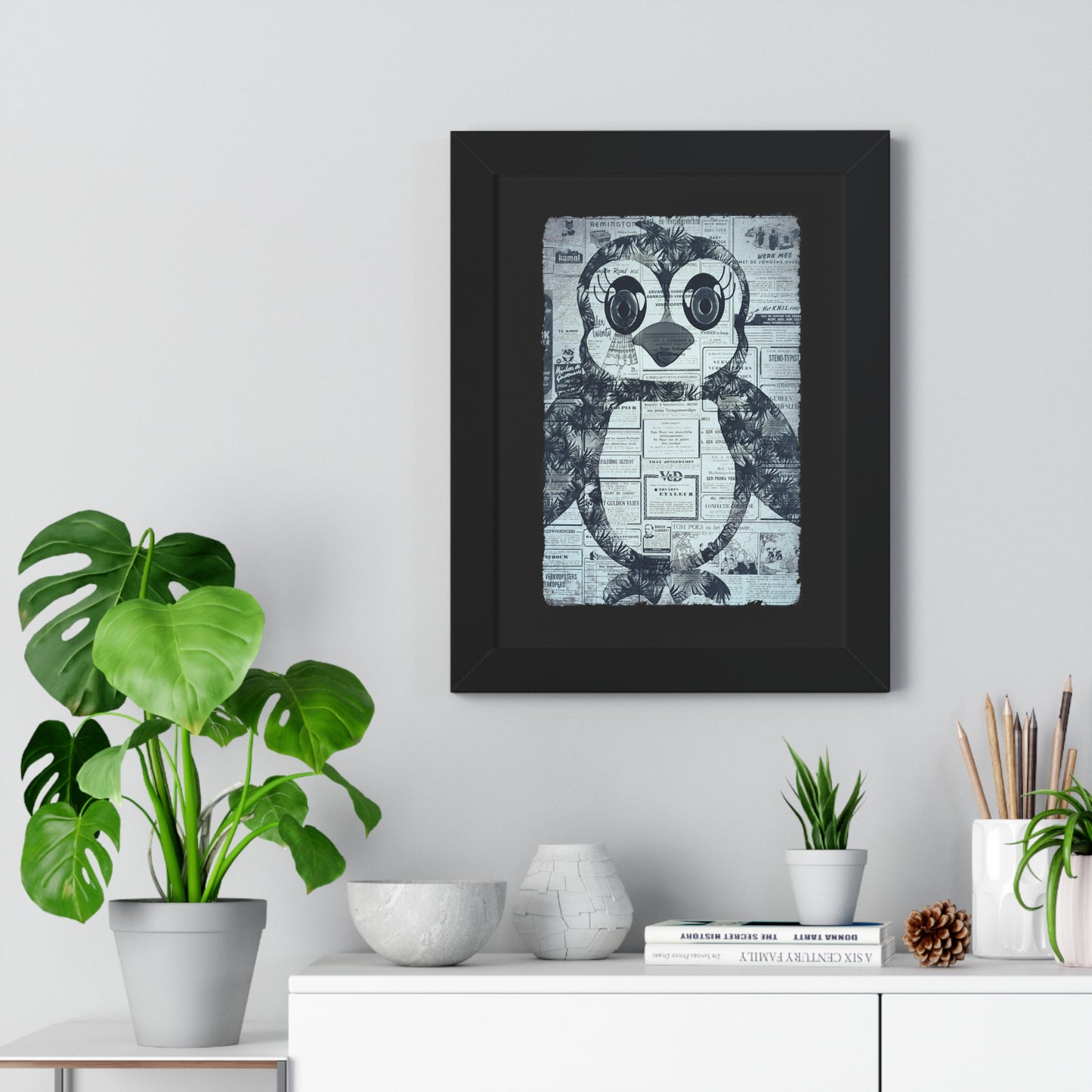 The Penguinie Newspaper Art Black & White Framed Vertical Poster