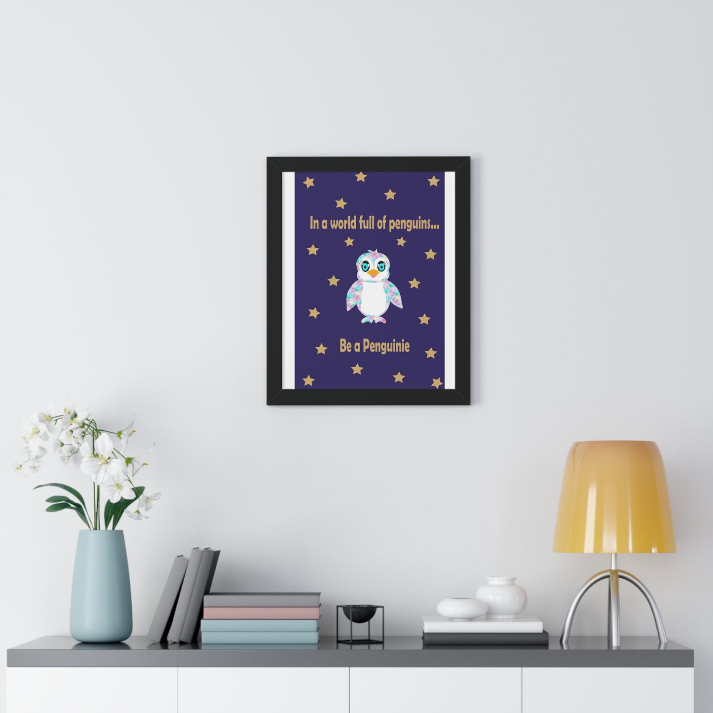 In a world full of penguins.... Be a Penguinie! Midnight Art Framed Vertical Poster