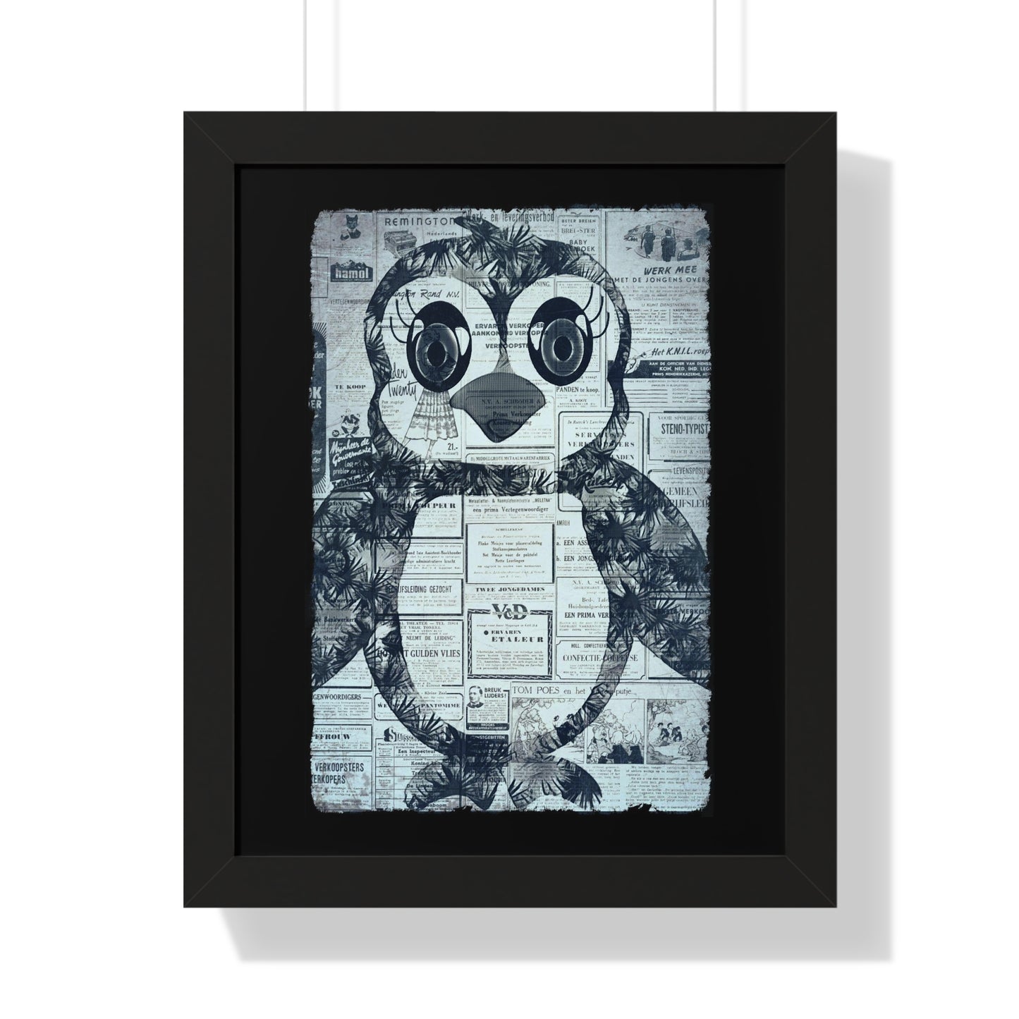 The Penguinie Newspaper Art Black & White Framed Vertical Poster