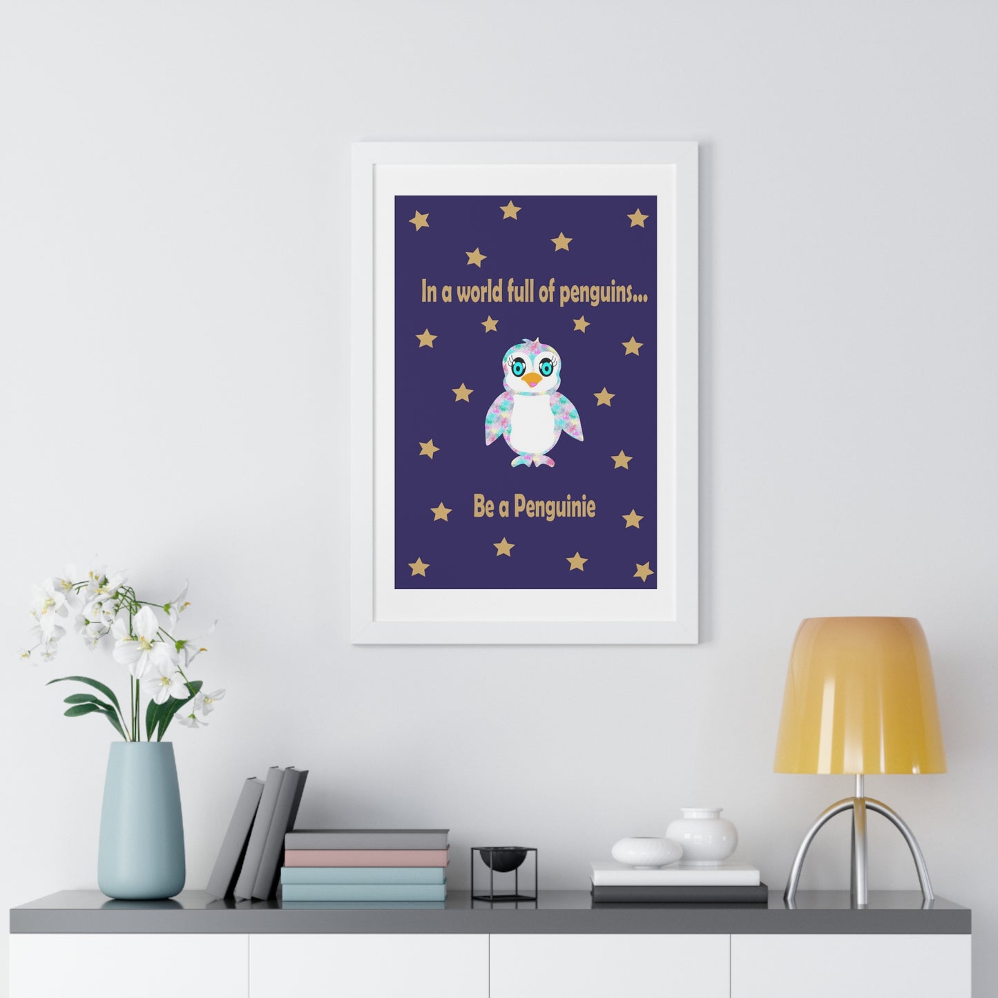 In a world full of penguins.... Be a Penguinie! Midnight Art Framed Vertical Poster