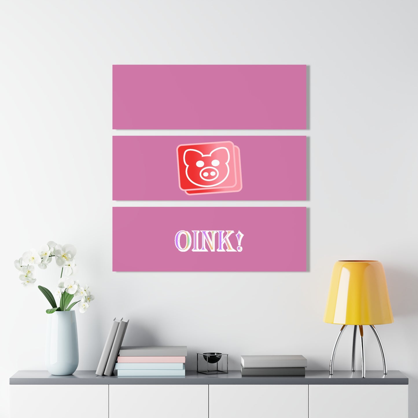 Red Pig Button Digital Art, Oink! Pink Acrylic Prints (Triptych)