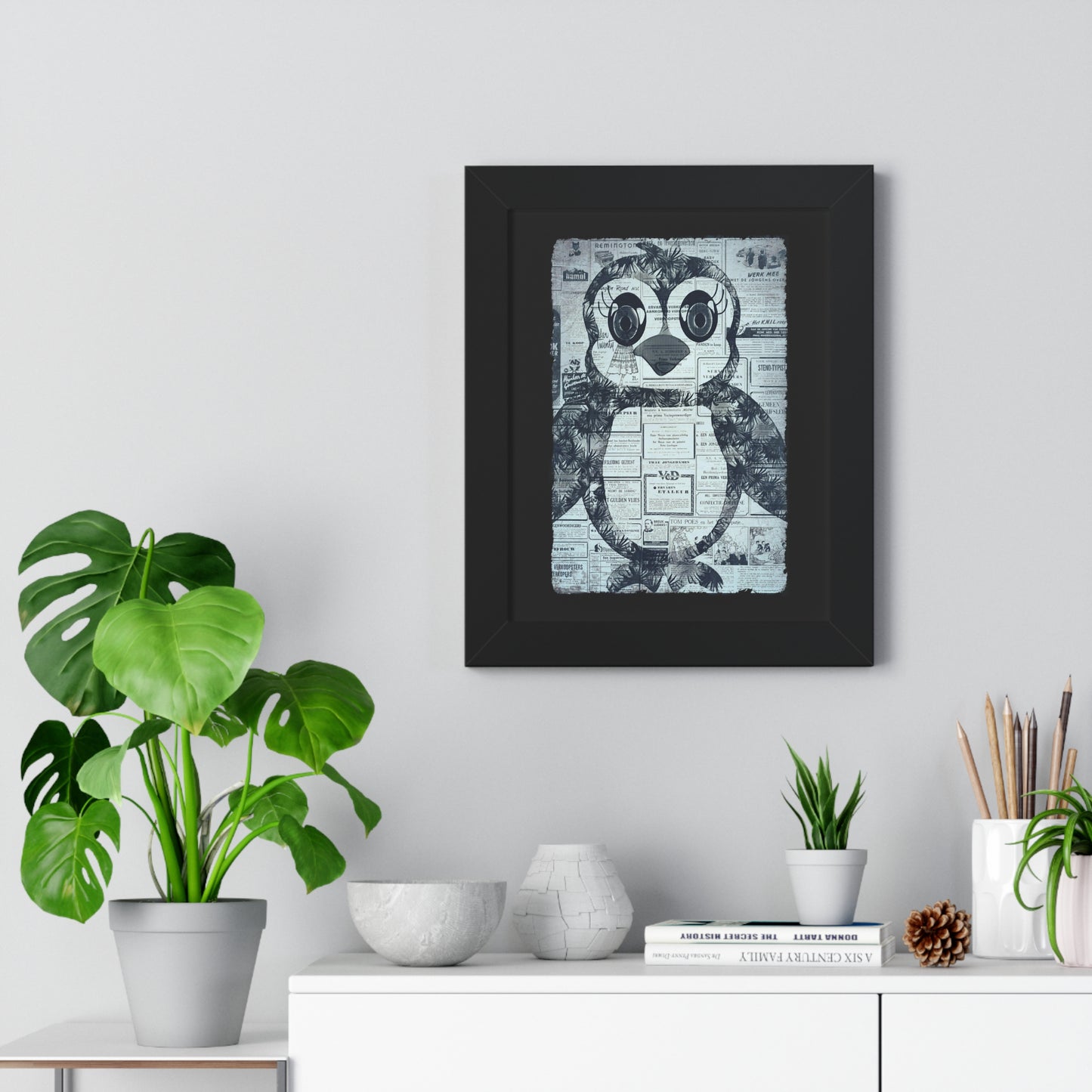 The Penguinie Newspaper Art Black & White Framed Vertical Poster