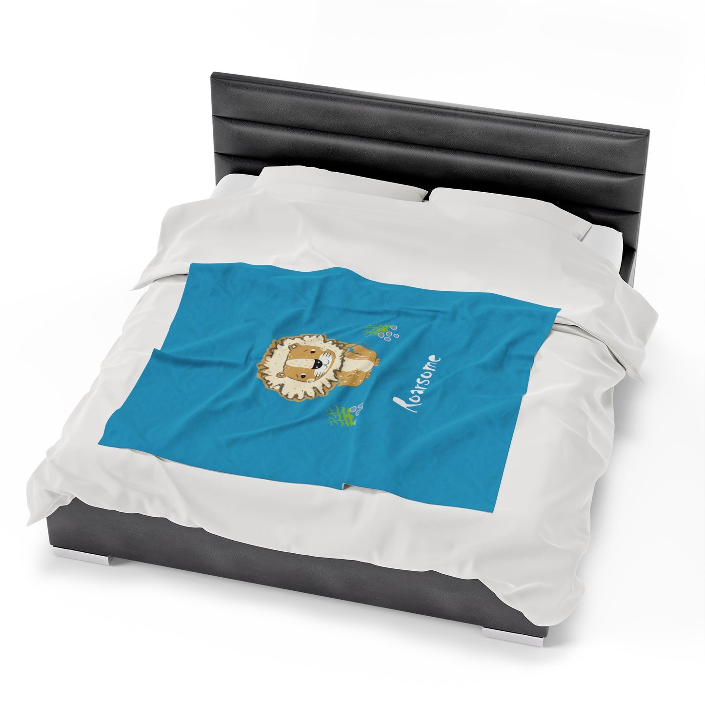 Lion Roarsome Illustration Turquoise Velveteen Plush Blanket