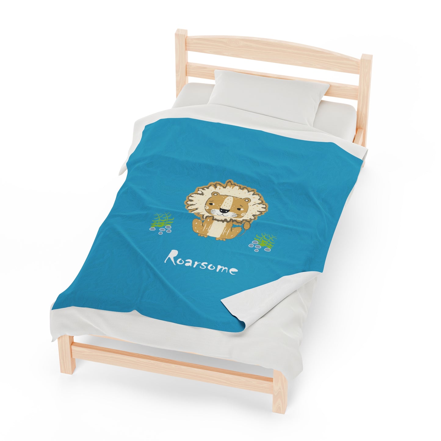 Lion Roarsome Illustration Turquoise Velveteen Plush Blanket