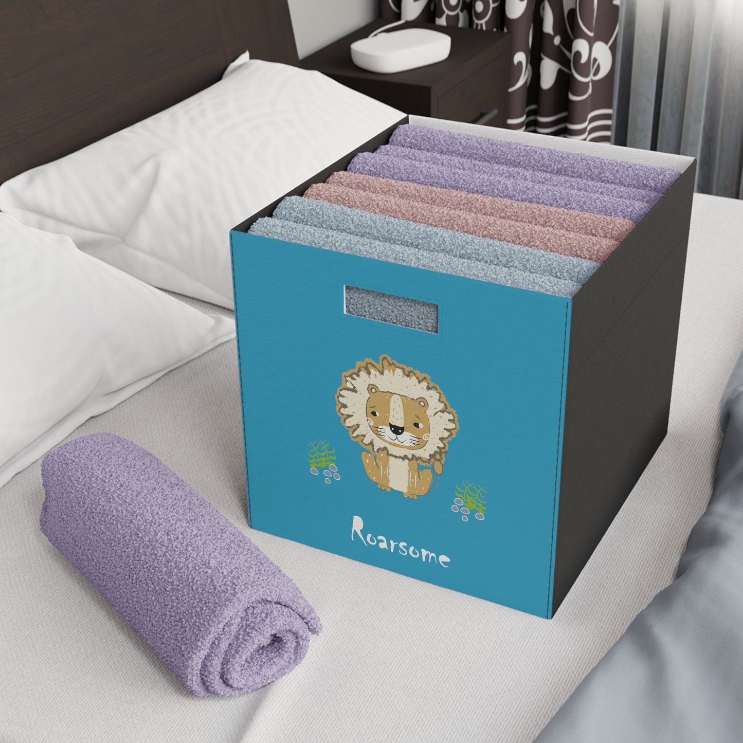 Lion Roarsome Illustration Turquoise, White text Felt Storage Box