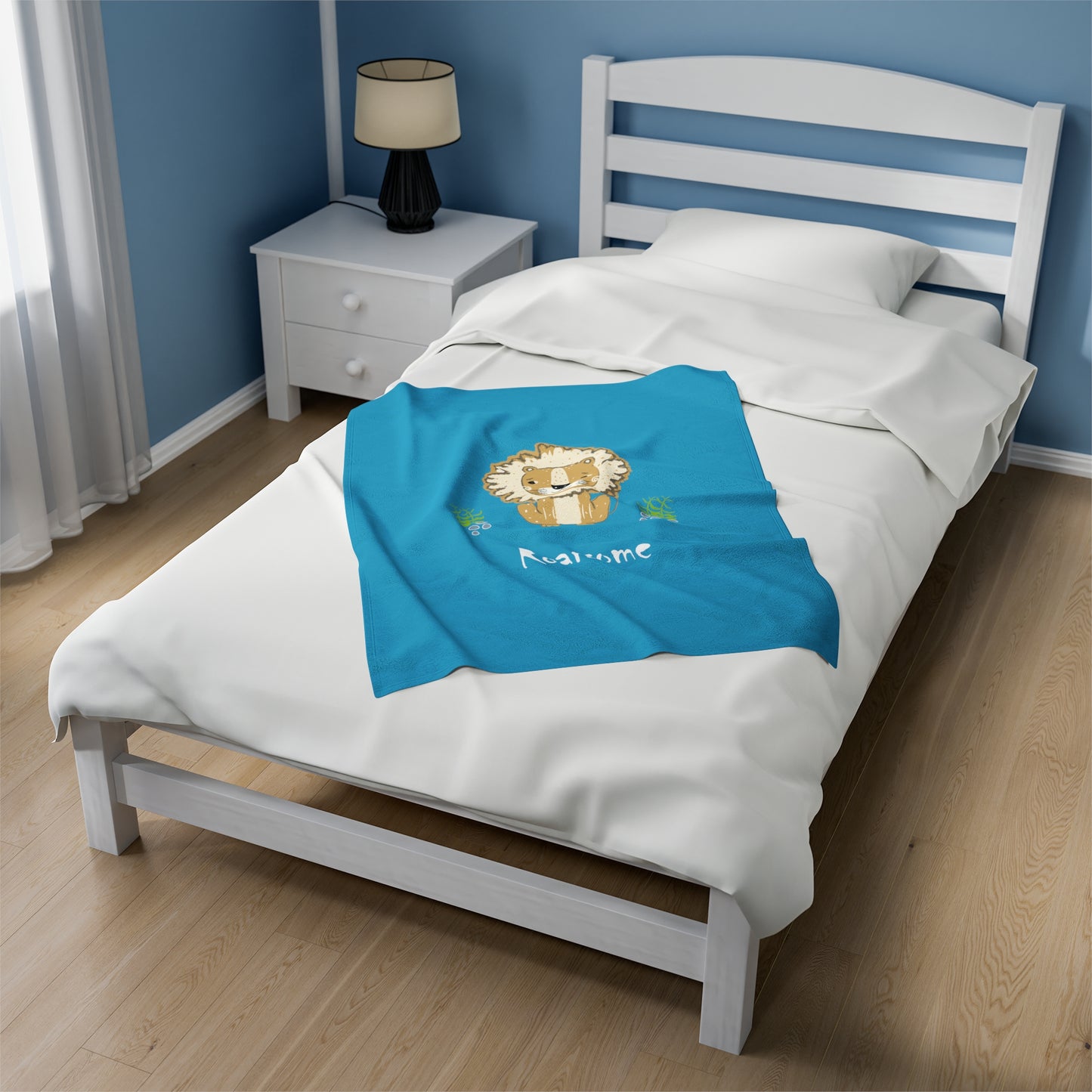 Lion Roarsome Illustration Turquoise Velveteen Plush Blanket