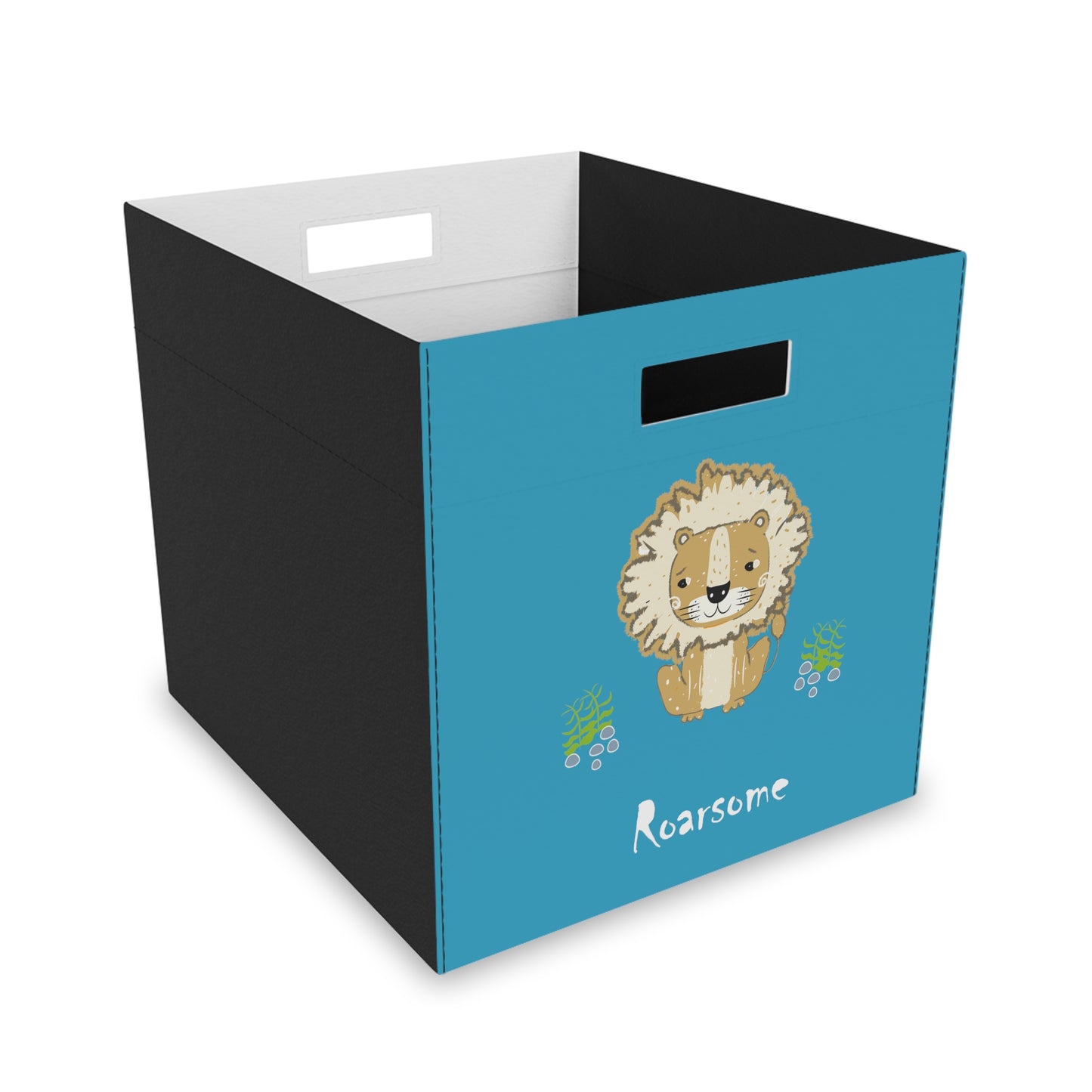 Lion Roarsome Illustration Turquoise, White text Felt Storage Box