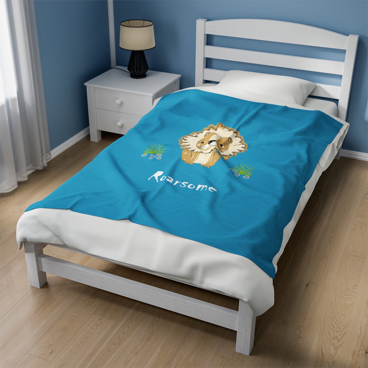 Lion Roarsome Illustration Turquoise Velveteen Plush Blanket