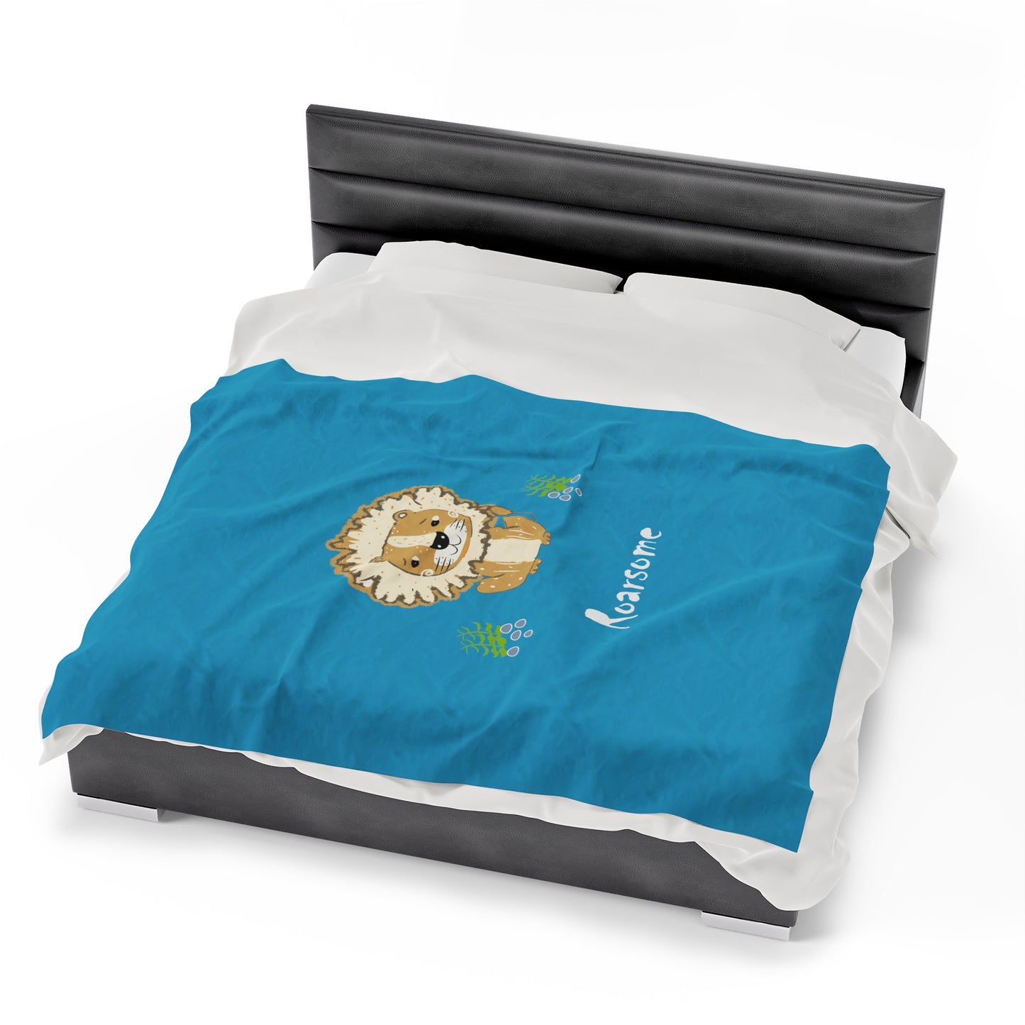Lion Roarsome Illustration Turquoise Velveteen Plush Blanket