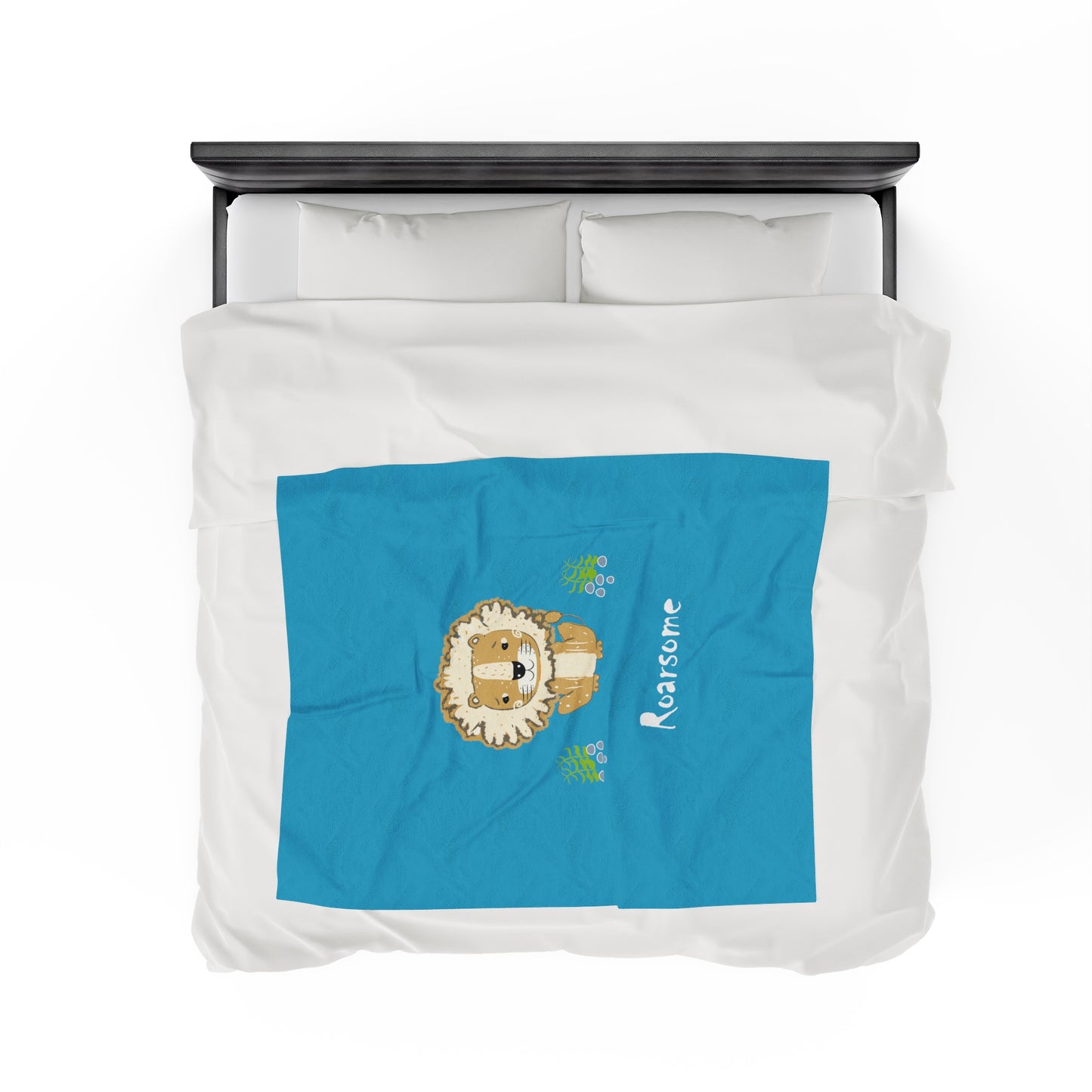 Lion Roarsome Illustration Turquoise Velveteen Plush Blanket