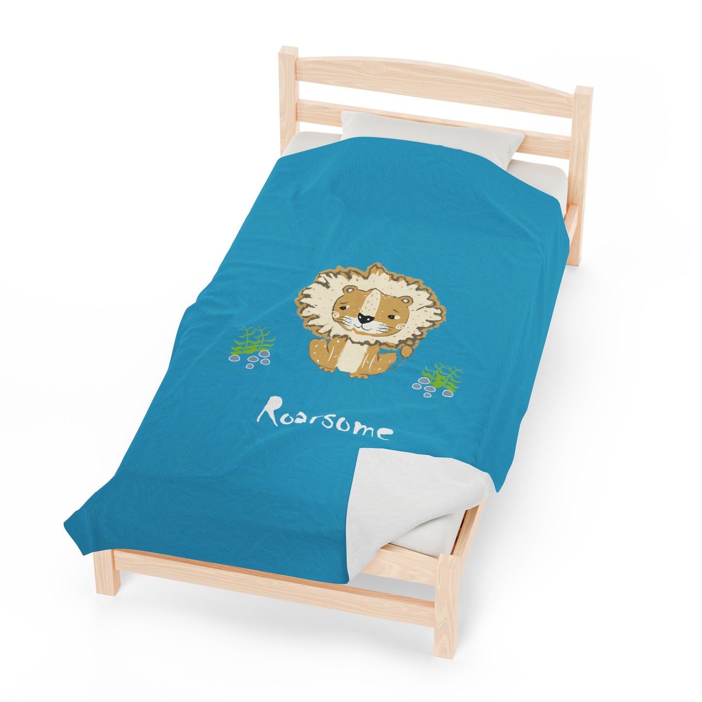 Lion Roarsome Illustration Turquoise Velveteen Plush Blanket
