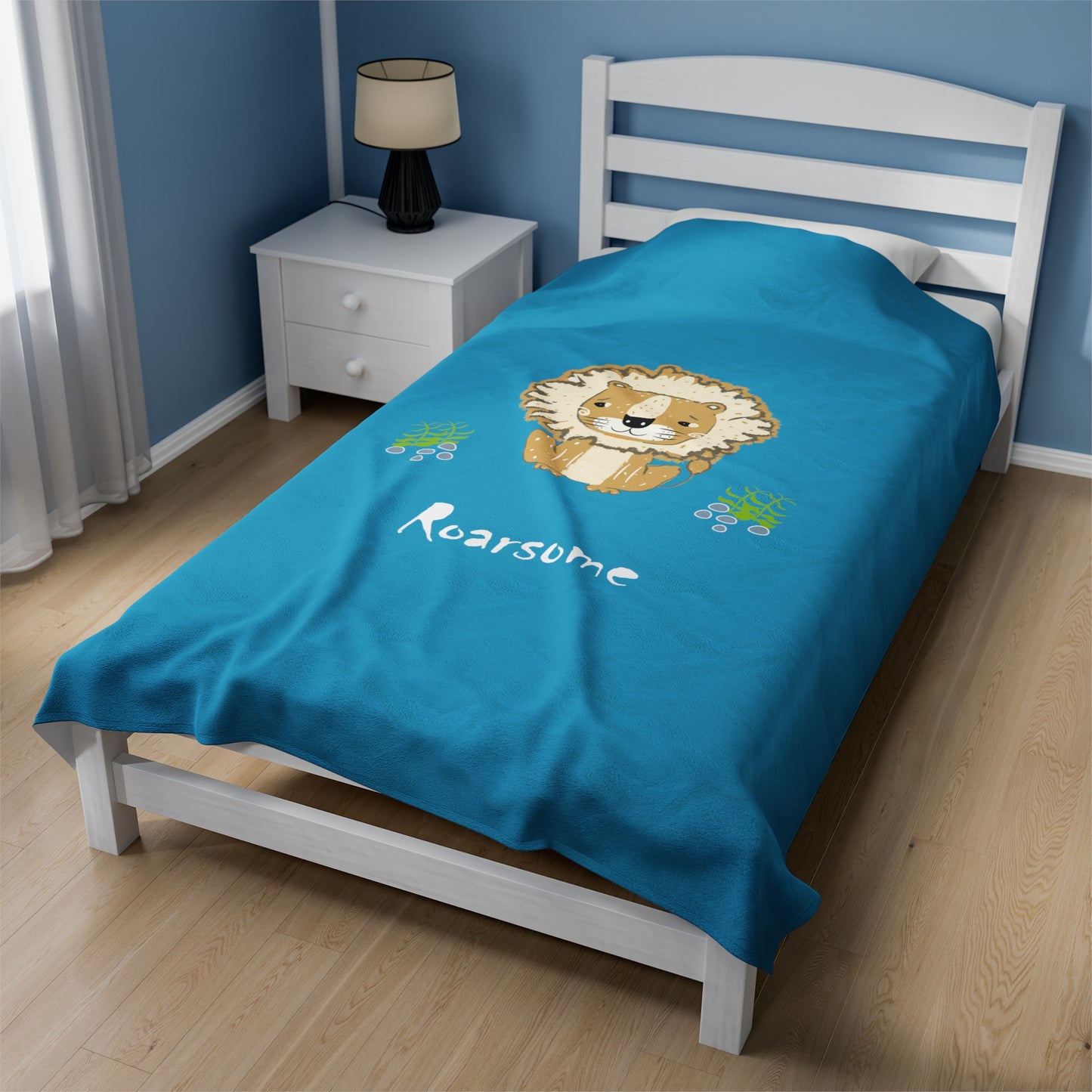 Lion Roarsome Illustration Turquoise Velveteen Plush Blanket