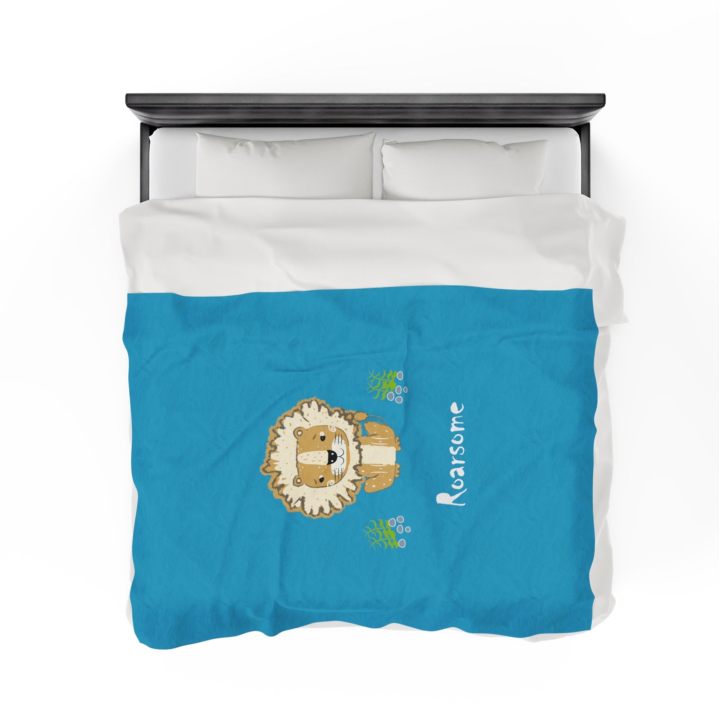 Lion Roarsome Illustration Turquoise Velveteen Plush Blanket