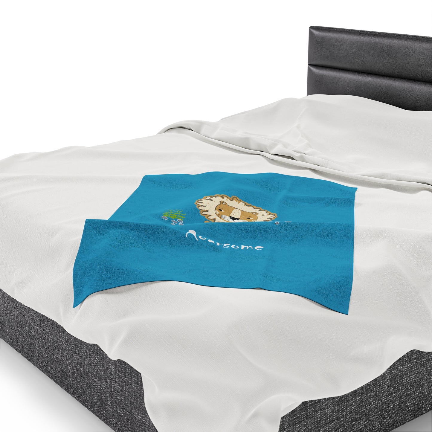 Lion Roarsome Illustration Turquoise Velveteen Plush Blanket